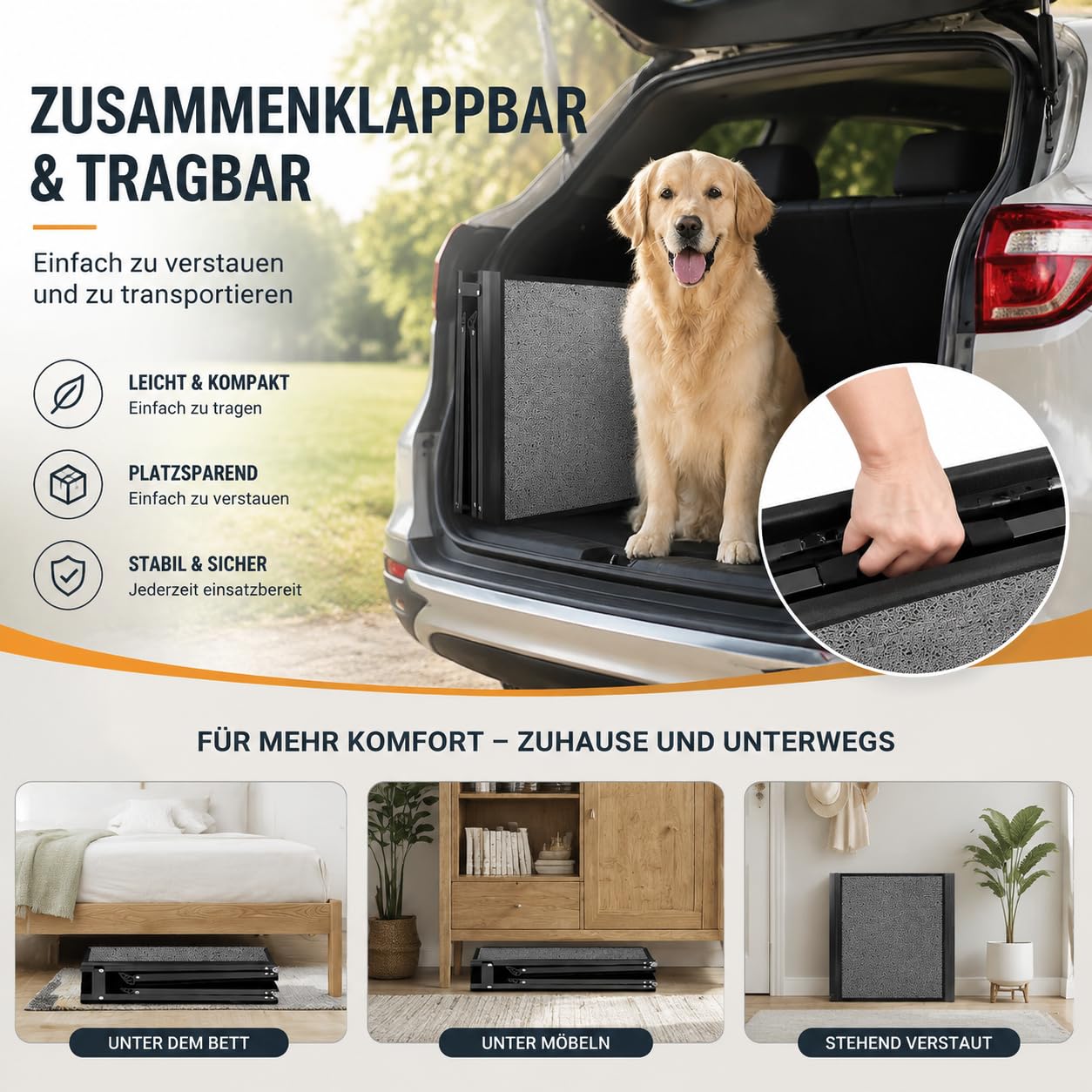 Rampe de voiture pliable pour chien - 170 x 44 cm - Extra large - Pour grands chiens jusqu'à 110 kg - Rampe de coffre de voiture antidérapante - Pour SUV, camion et lit mezzanine - Noir
