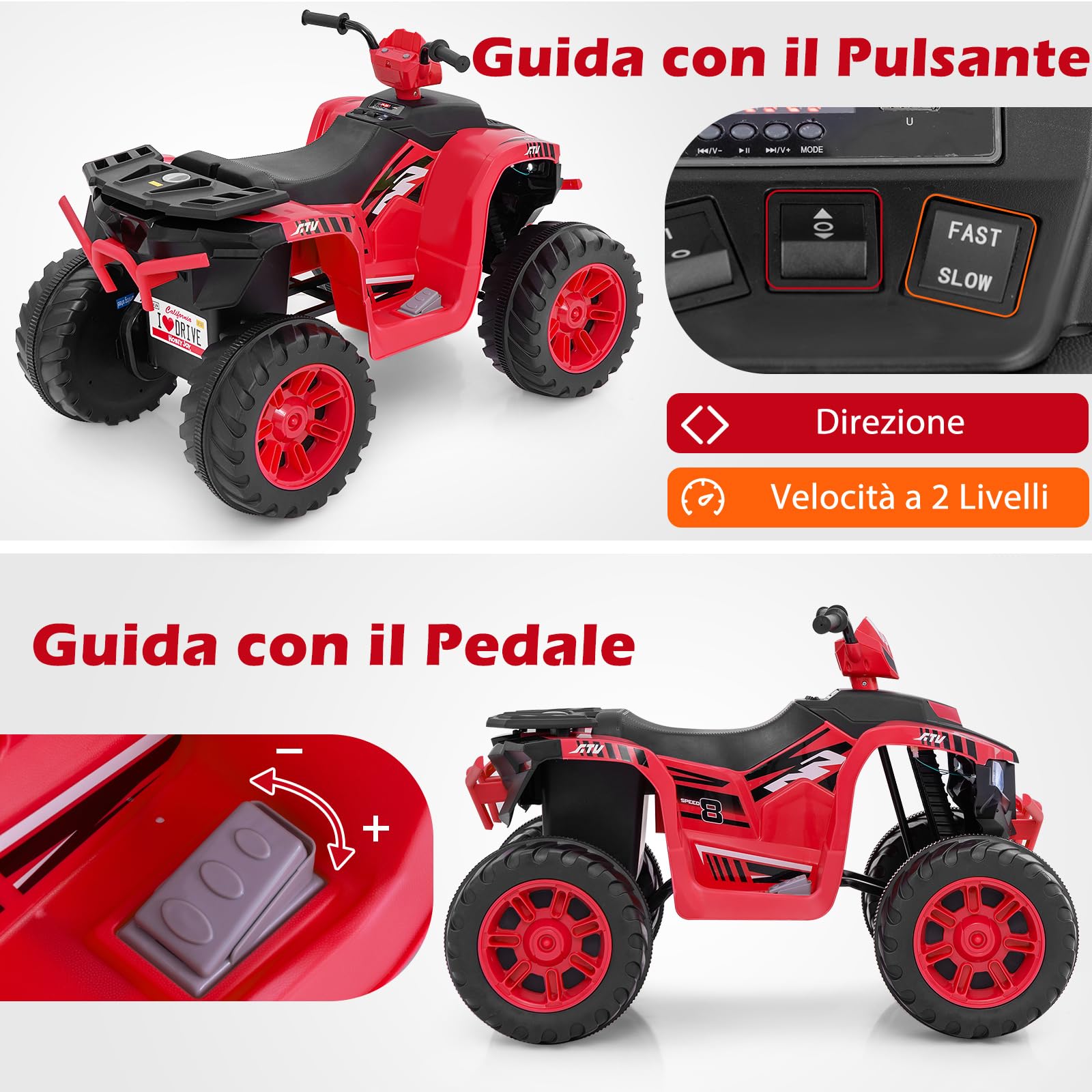 COSTWAY 24V Quad Elettrico per Bambini, Macchina Elettrica Cavalcabile con Musica Radio Luci a LED, Avvio Lento, Velocità Fino a 5km/h, per Bambini 3-8 Anni (Rosso)