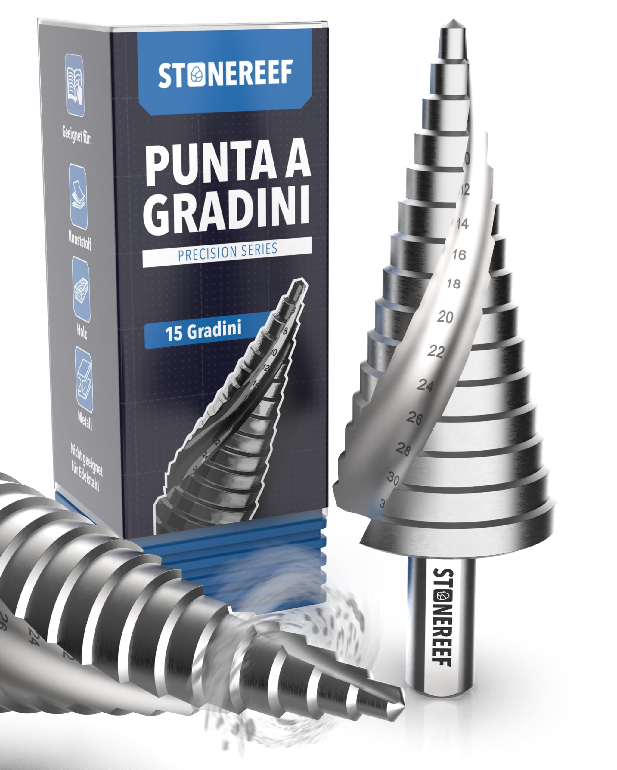 Trapano a gradini professionali in acciaio HSS – [15 gradini | Ø 4 – 32 mm] – Punta conica, pelapatate, metallo, trapani a buca, punte per lamiera, fresa, fresa a fori