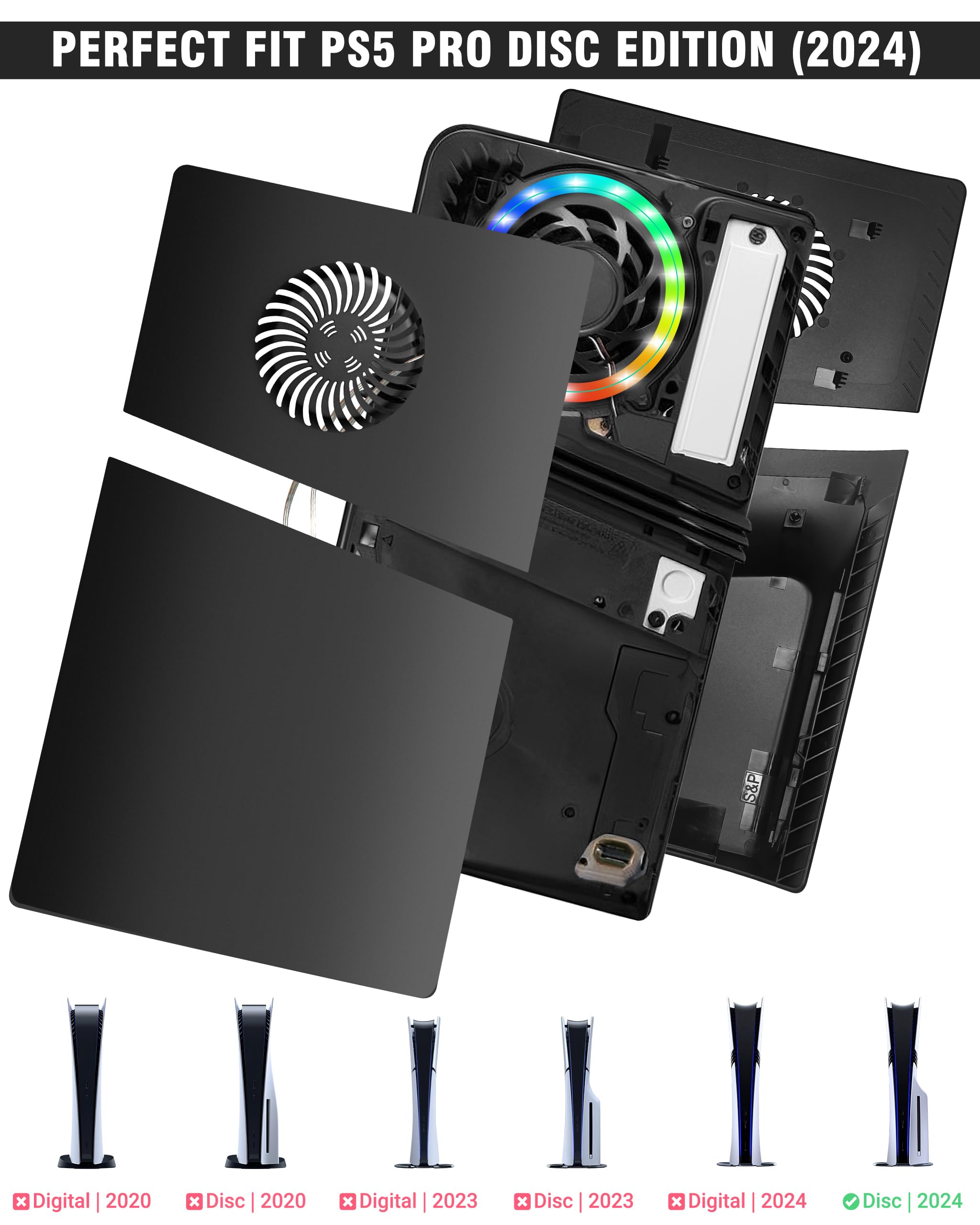 Joso Pannello frontale per PS5 Pro Disc Edition, custodia di ricambio antigraffio antipolvere con anello RGB, copertura adatta per PS5 Pro (CD-ROM), piastre per accessori PS5 Pro, nero