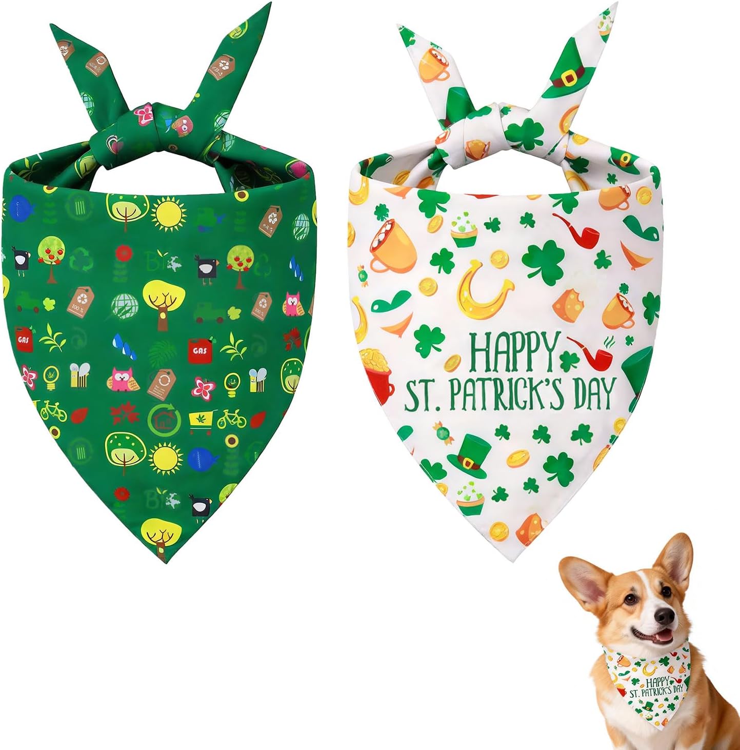 St. Patrick's Day Dog Bandanas, 2 Pack Irish Bandanas Scarf for Small Medium Large Dogs, Adjustable Triangle Bibs Scarves, Pet Scarves for Holiday Costumes Gifts