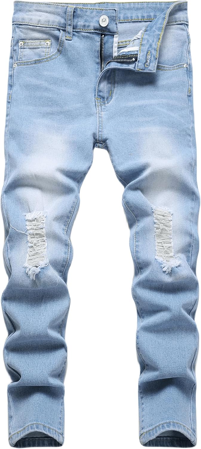 Boy's Skinny Fit Ripped Destroyed Distressed Stretch Fashion Denim Jeans Pants