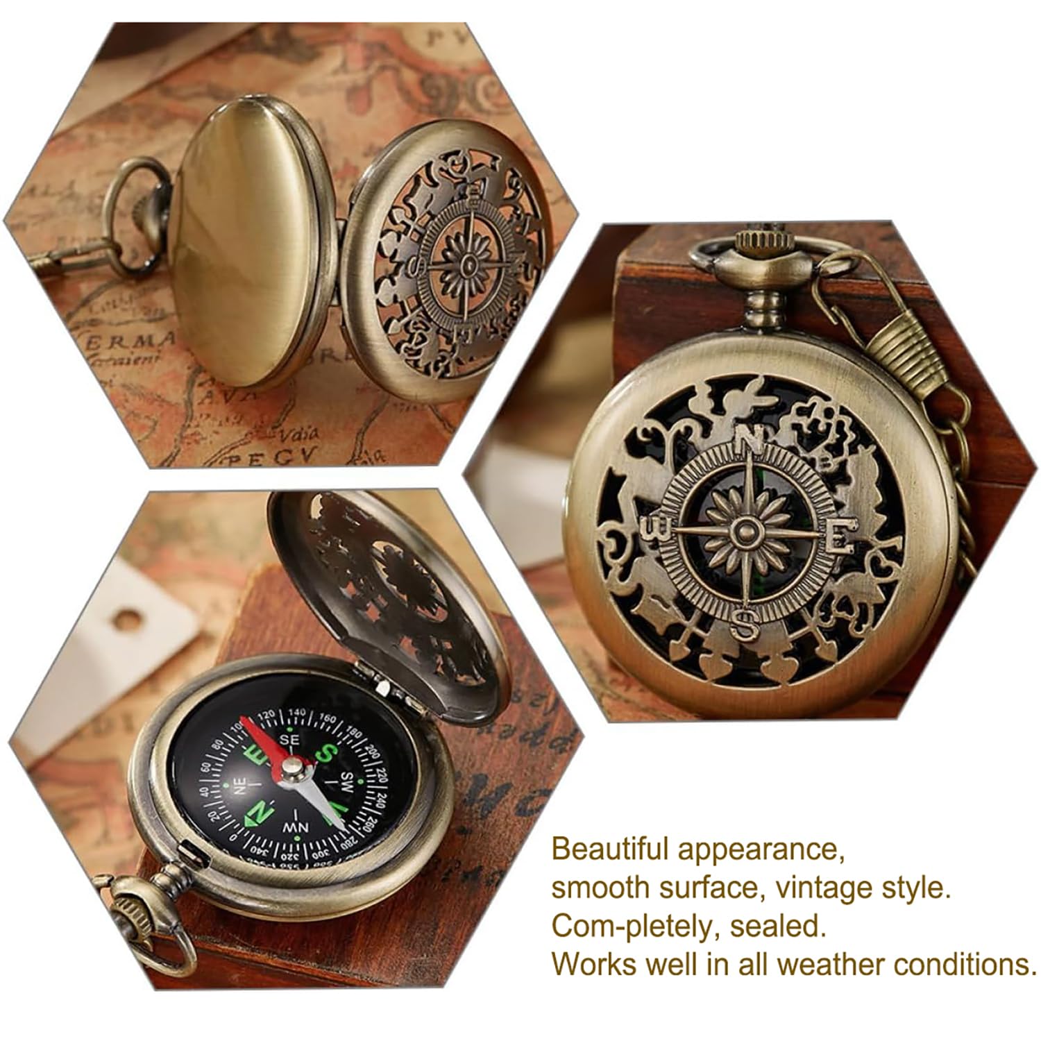 Boussole de Navigation Extérieure, Boussole Randonnée, Boussole Survie, Petite Boussole Couvercle Pliant Automatique Vintage Rétro Boussole en Métal pour Camping Randonnée Nautique
