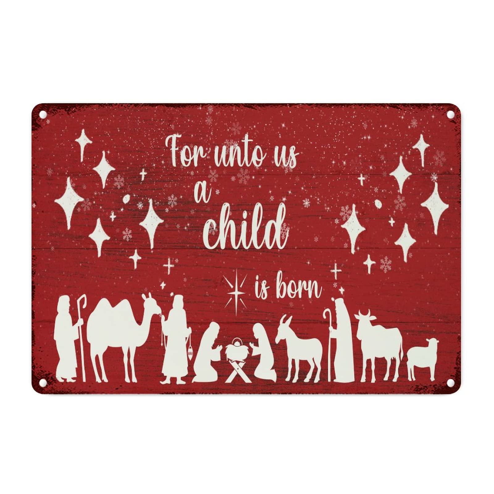 Panneau de Noël Oh Holy Night déco vintage en métal rouge pour entrée accueillante