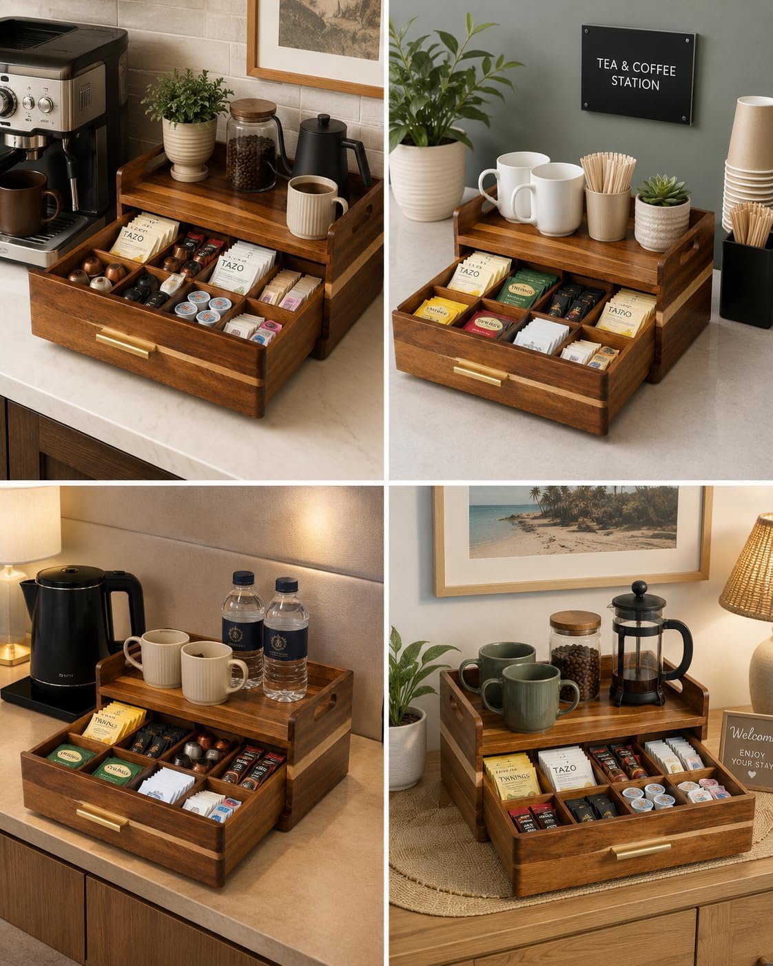 Acacia Wood Tea Bag Organizer for Countertop, Tea Holder Organizer with Storage Drawer | Wooden Tea Caddy Box for Tea Bags, Coffee Pods, Sugar Packets, Tea Station and Kitchen Counter Display