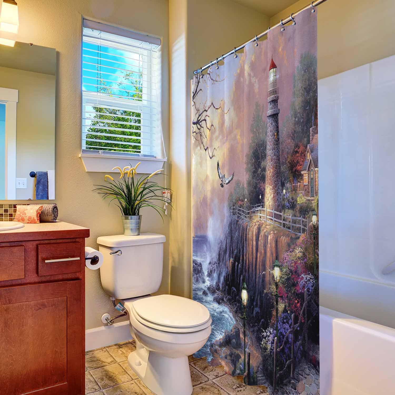 Woutay Shower Curtain Mould Proof Resistant Seaside Lighthouses and Cabins Painting,Water Repellant Fabric,Polyester,with 12 Plastic Hooks,Size 180x180CM - Image 4