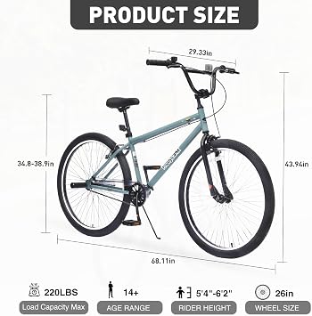 26 Inch BMX Style Mountain Bike for Teen Bike and Men Women Bikes,MTB Single 1 Speed Bicycle,Kids Bike from Beginner-Level BMX to Advanced Riders with 4 Pegs,Youth Bikes,3 Colors