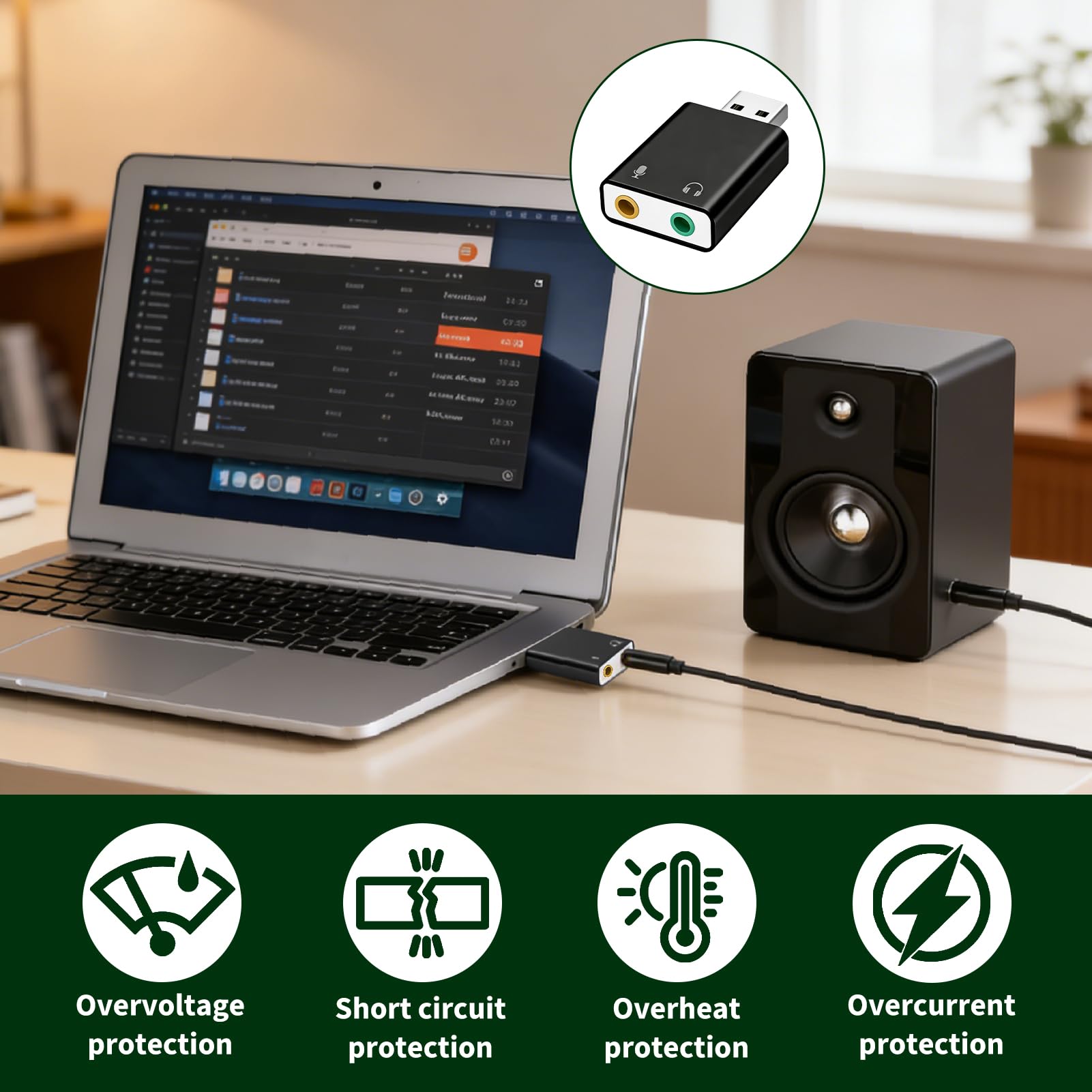 Tarjeta Sonido USB, Adaptador USB Jack 3.5mm con Entrada de Micrófono y Salida de Auriculares, Sonido Estéreo 3D, Plug and Play, Conversor USB 2.0 sin Controlador PC Portátil Mac Linux Chromebook