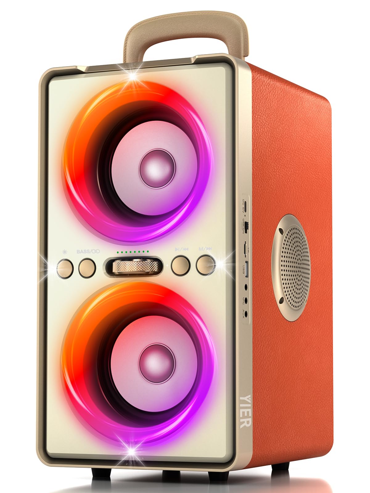 YIER Bluetooth Speaker, 240W Peak Loud Party Speaker with Big Bass, 20H Playtime, TWS, BT5.3, Large Portable Wireless Boom Box with LED Light for Outdoor Backyard Beach Home (Leather Orange)