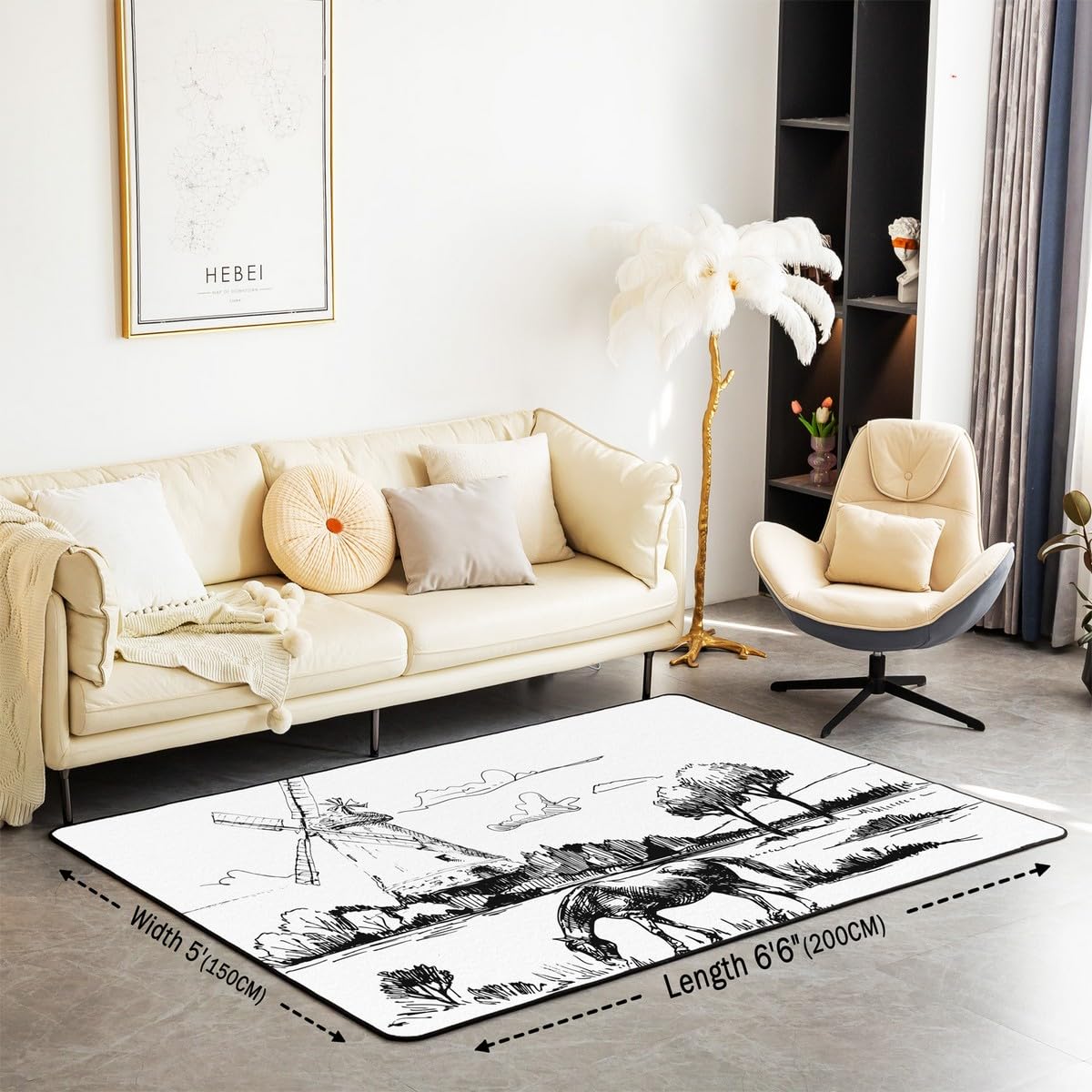 Horse Area Rug 5x7 for Living Room Bedside,Western Cowboy Rug for Kids Boys Girls Teens,Windwill Carpet Non Slip,Hand Drawn Illustration Style Farmhouse Horse Decorative Accent Rug,Non Shedding