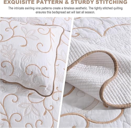 Miniatura 5 de Juego de colcha de gran tamaño 100% algodón, colcha extragrande de 120 x 120 pulgadas, colcha King con fundas de almohada, funda de cama bordada