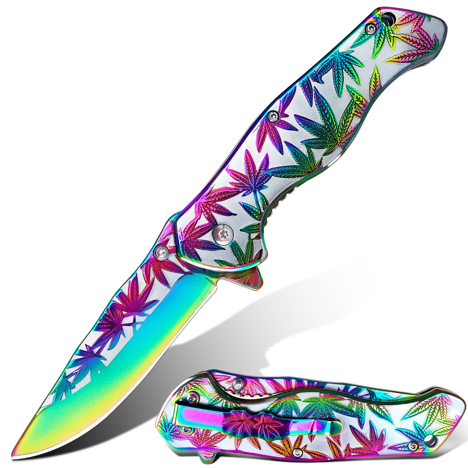 Pocket Knife for Men, Cool Rainbow Pocket Folding Knife With 3D Embossed leaves, Great Gift Edc Knife For Women Outdoor Survival Camping Hiking Hunting