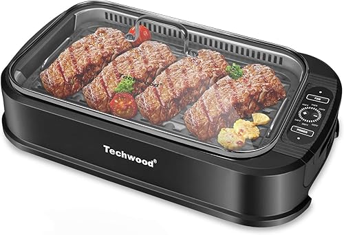 Techwood - Parrilla eléctrica para interiores, parrilla coreana de barbacoa de 1500 W con ajuste de temperatura de 5 engranajes y bandeja de goteo