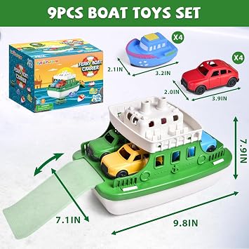 Ferry Boat Bath Toy with Mini Cars, Floating Water Play Set with Boat Squirters for Toddlers 13 & Kids Ages 48