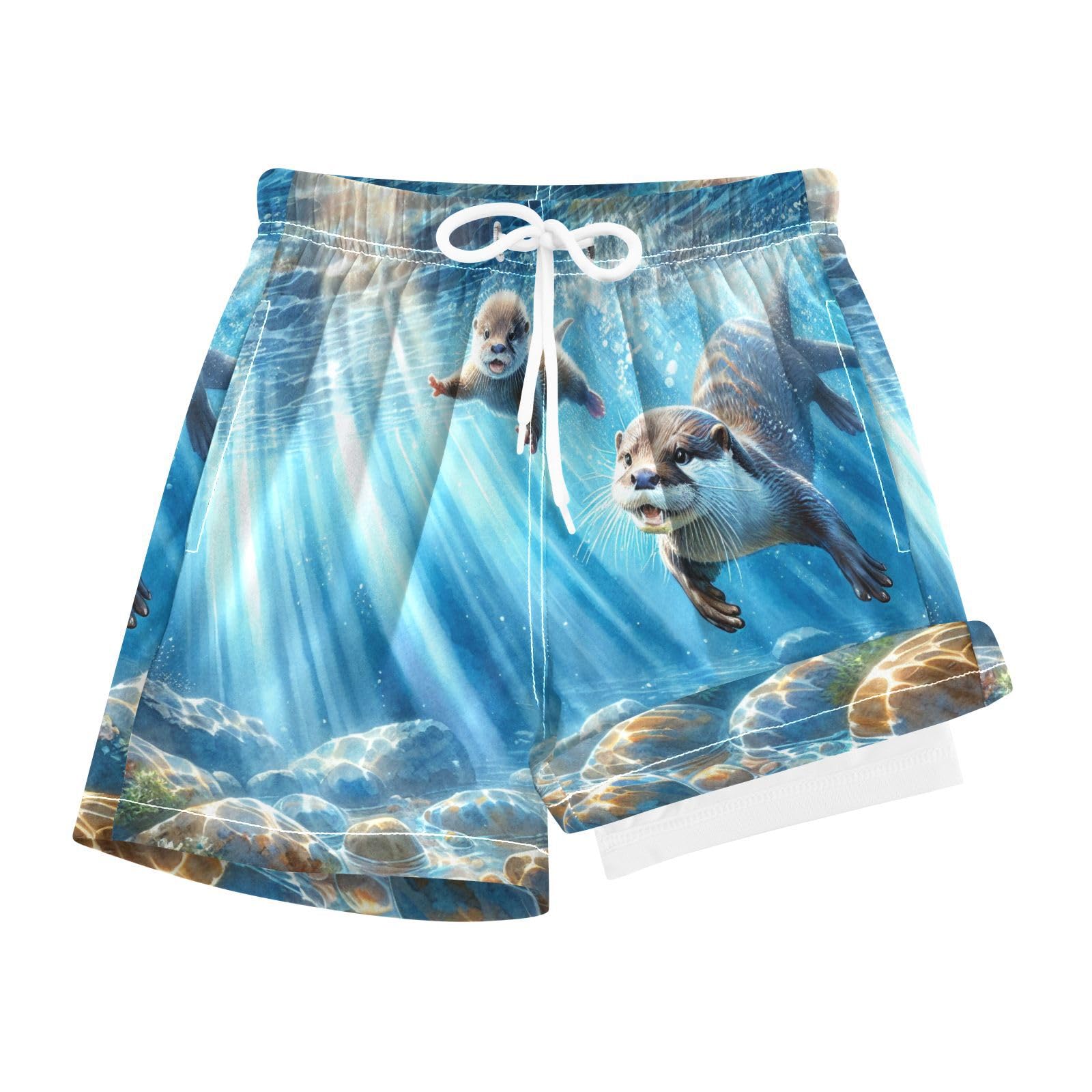 YANENDIE Boy Swim Trunks with Compression Liner Otter Family Watercolor Boys Swim Shorts Quick Dry Beach Shorts