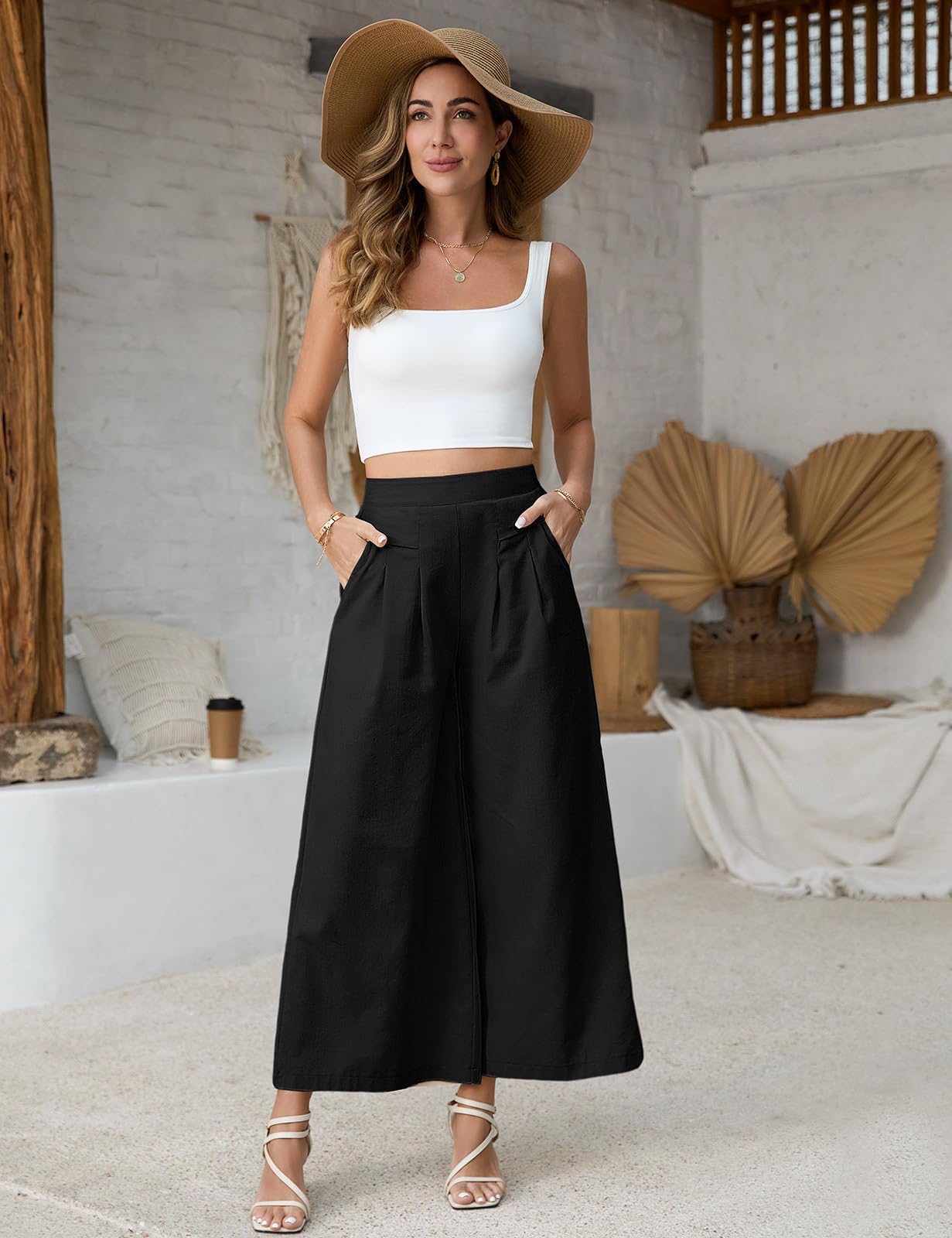 Pantalones Mujer Verano Lino 7/8 Ligero con Cintura Elástica Bolsillos Flojos Cómodos