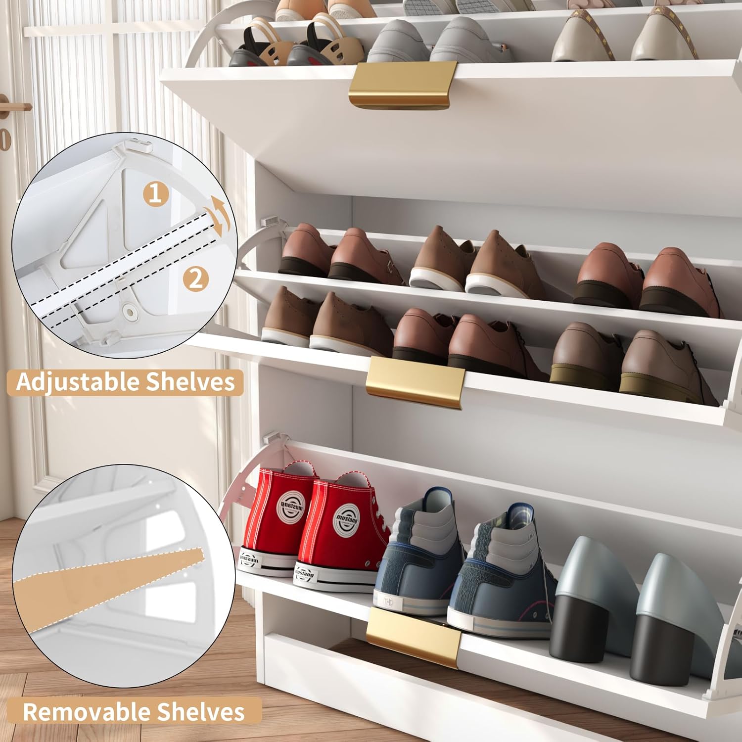 VOWNER Shoe Rack Cabinet with 3 Flip Drawers, Narrow Shoe Storage Cabinet with Adjustable Shelf, Freestanding Shoe Organizer for Entryway, Hallway, White