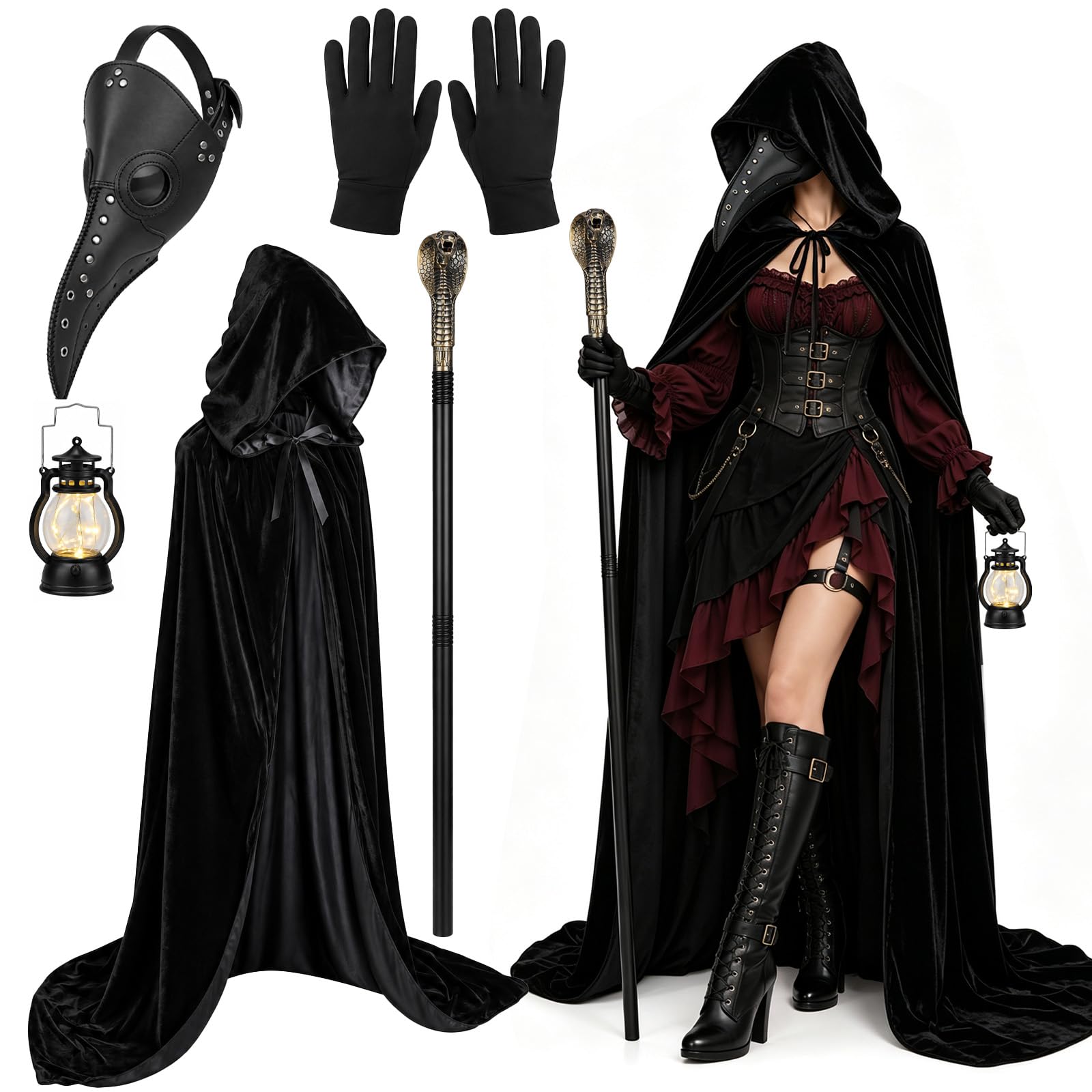 6PCS Plague Doctor Costume Set,Long Nose Bird Beak Steampunk Mask for Adult