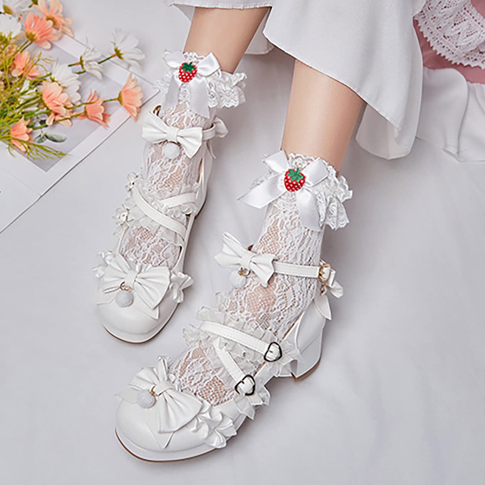 Mary Jane - Scarpe con tacco alto, per bambini, con cinturino alla caviglia, con fiori, punta rotonda, da sposa, comode, eleganti