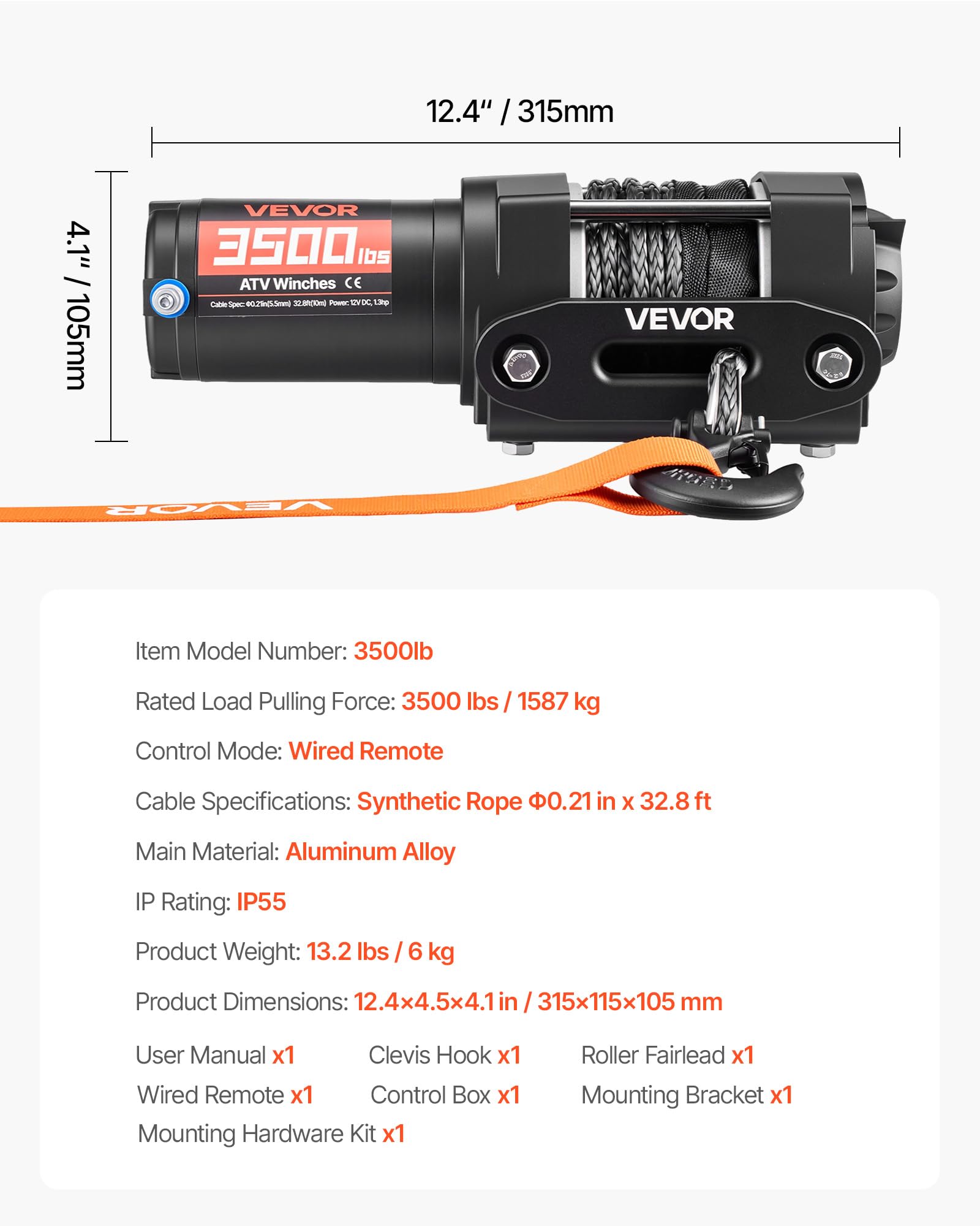 VEVOR Verricello Elettrico con Cavo da 1587 kg, Verricello Elettrico da 12 V CC per ATV/UTV Fuoristrada con Fune Sintetica Ø 5,5 mm x 10 m, Telecomando Cablato, Protezione IP55 per Recupero Stradale