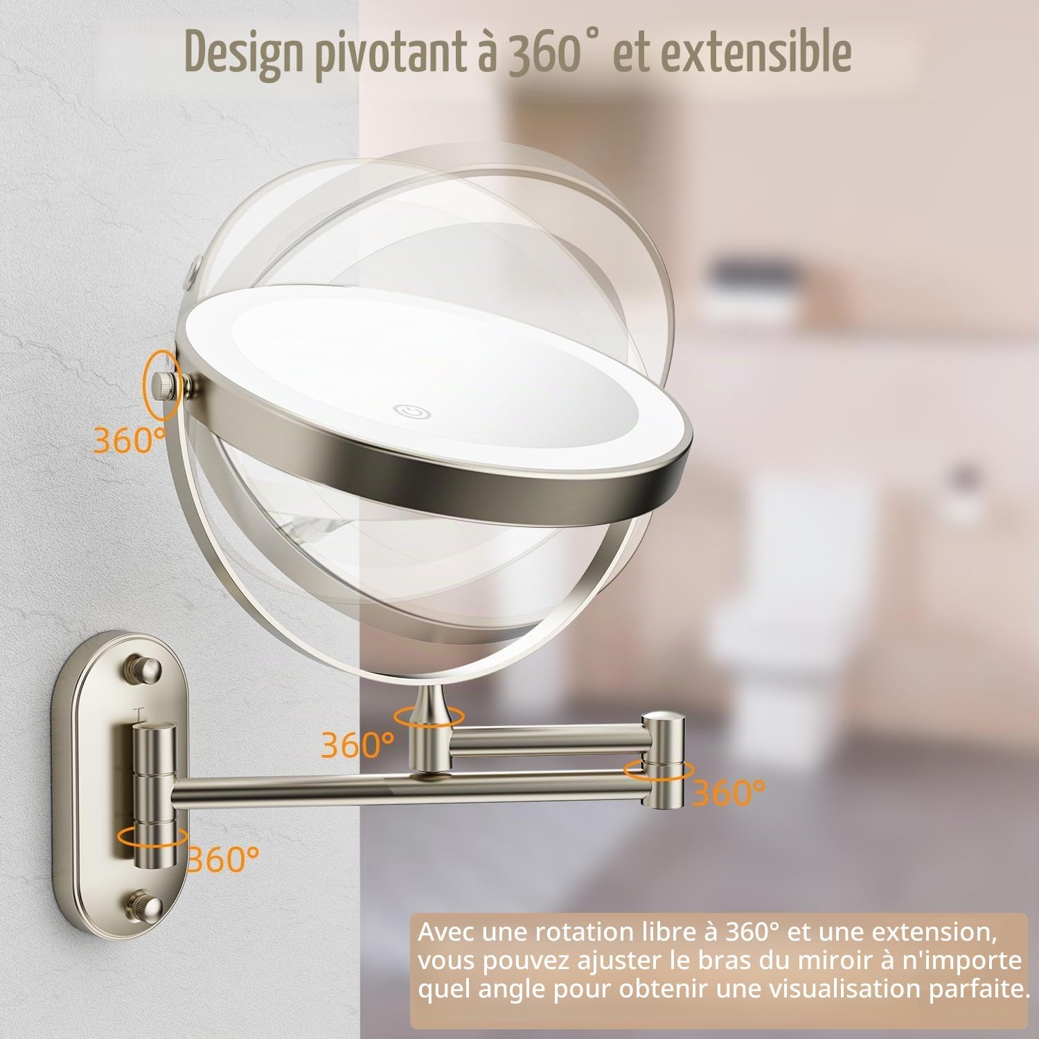 Miroir Grossissant Lumineux 1X/10X Mural Miroir Grossissant Lumineux Mural et 360°Pivotant 3 couleurs luminosité et température de couleur réglables USB Rechargeable, pour coiffeuse, salle de bain