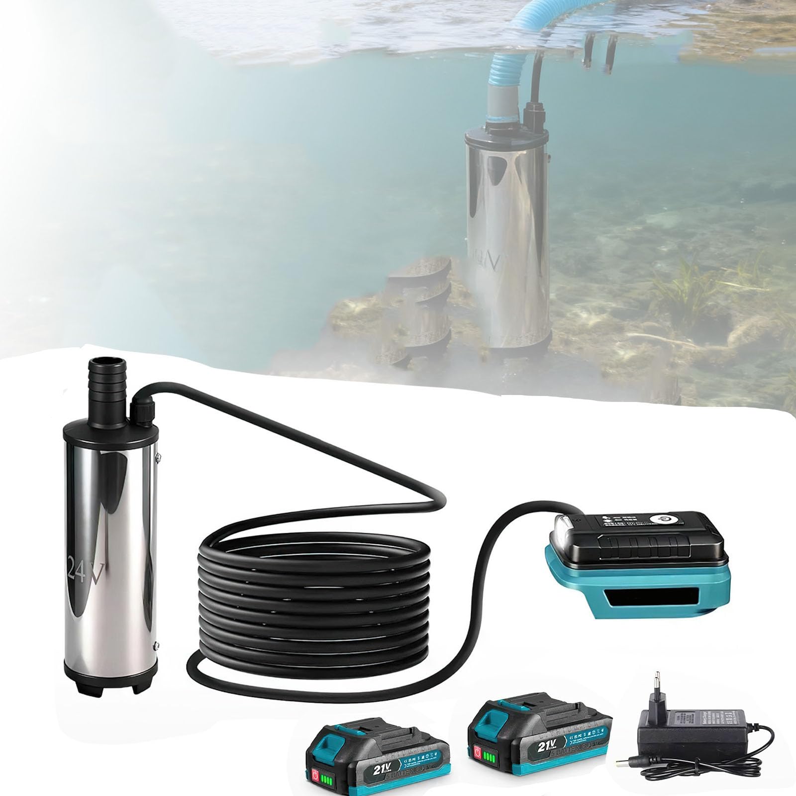Bomba De Agua Con Batería 21 V,Bomba Eléctrica Sumergible Inalámbrica,Altura De Descarga 3-5 m,Bomba De Transferencia Con Cable De 5m,Bomba De Agua Eléctrica Para Piscinas,Acuarios (2 baterías)
