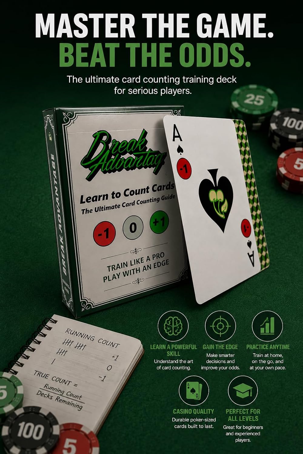 Blackjack Training Cards - Learn Card Counting - High-Low System Integrated Training Deck for Improved Casino Odds - Master Basic Strategy & Advantage Play - Casino Card Quality