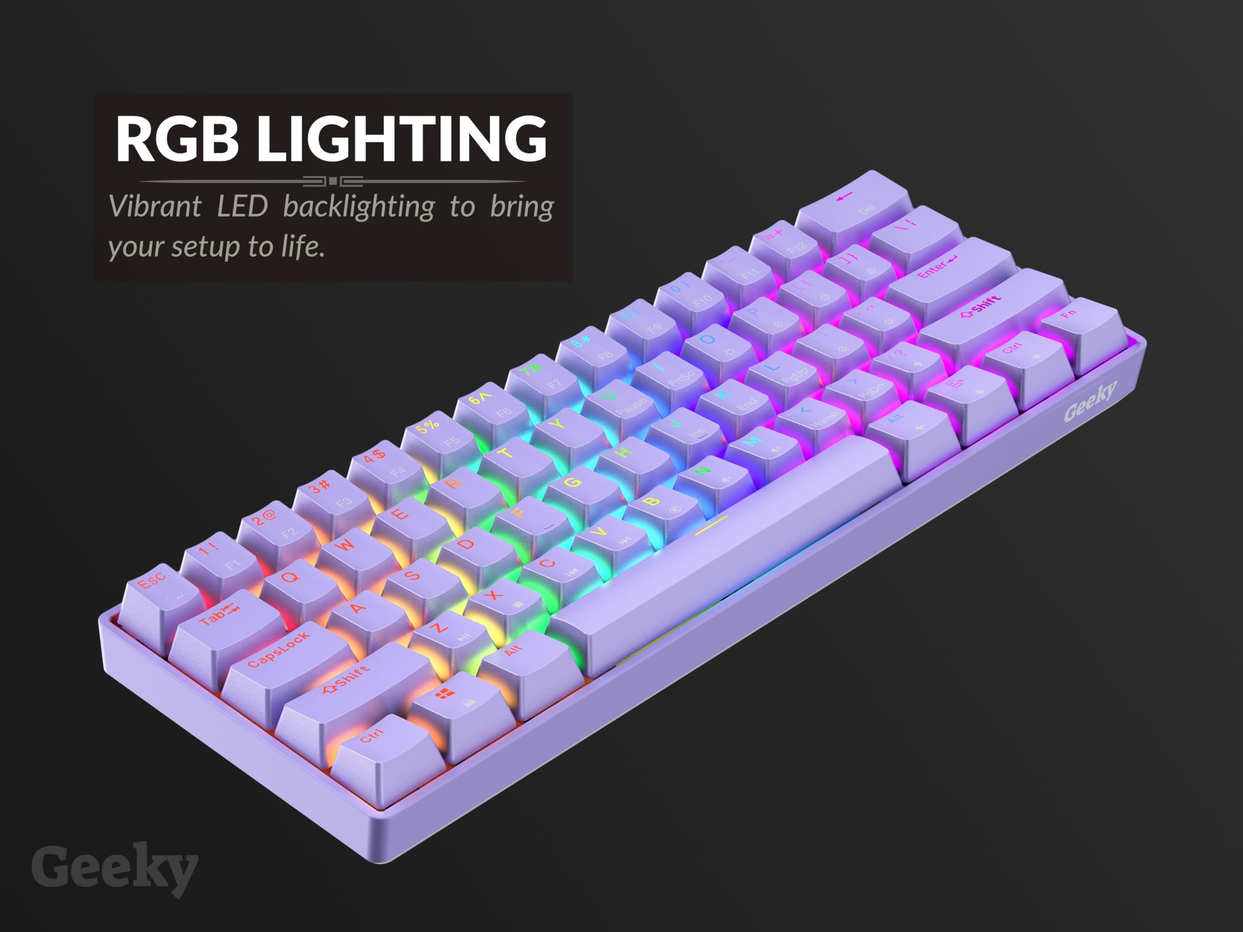 Geeky GK61 SE 60% | Mechanical Gaming Keyboard | 61 Keys Multi Color RGB LED Backlit for PC/Mac Gamer | ANSI US American Layout (Lavender, Mechanical Brown) — view 8