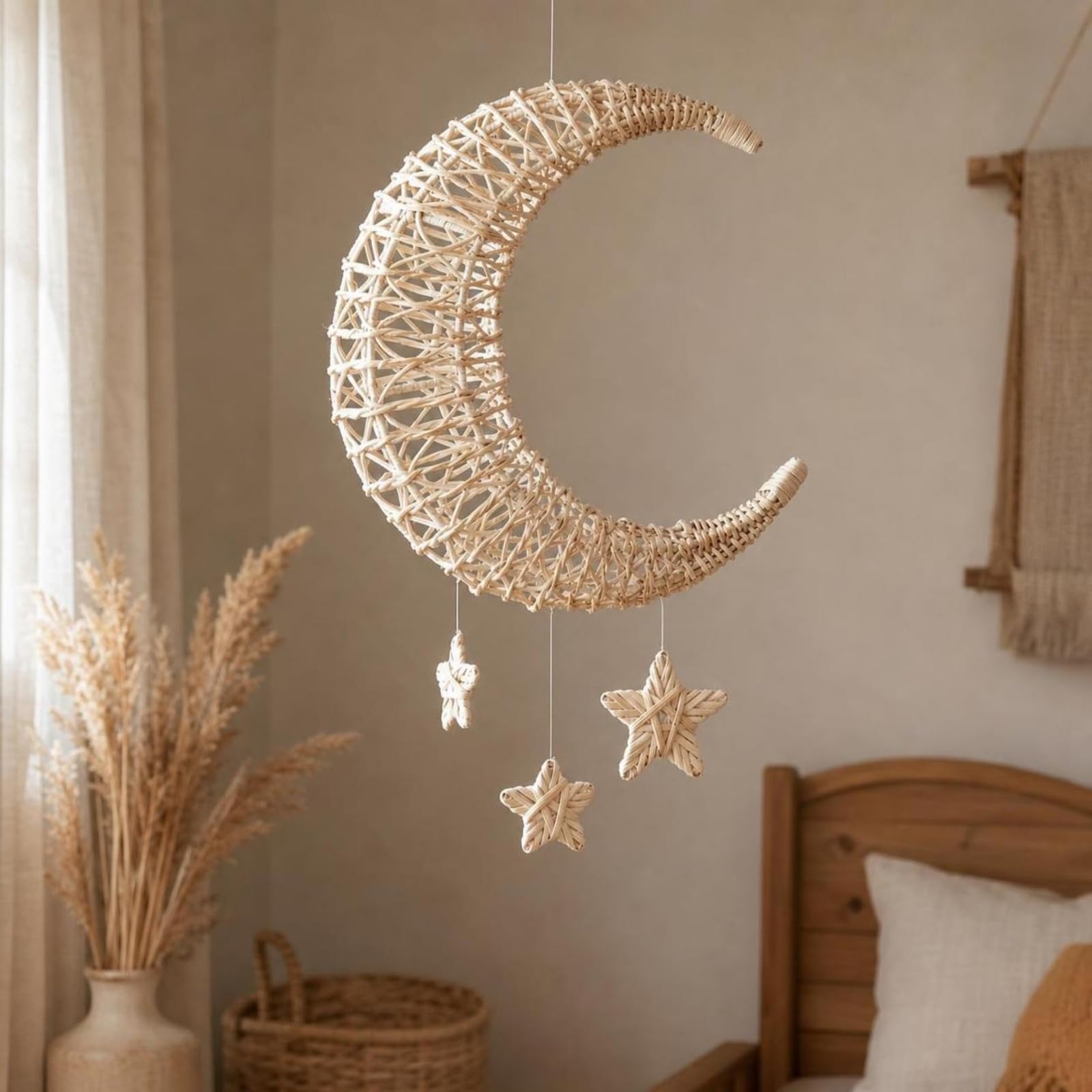 Gralara Mezza di Rattan con Stelle Beige Giostrina da Culla in Rattan Decorativa Decorazione a Mezza per Bambini