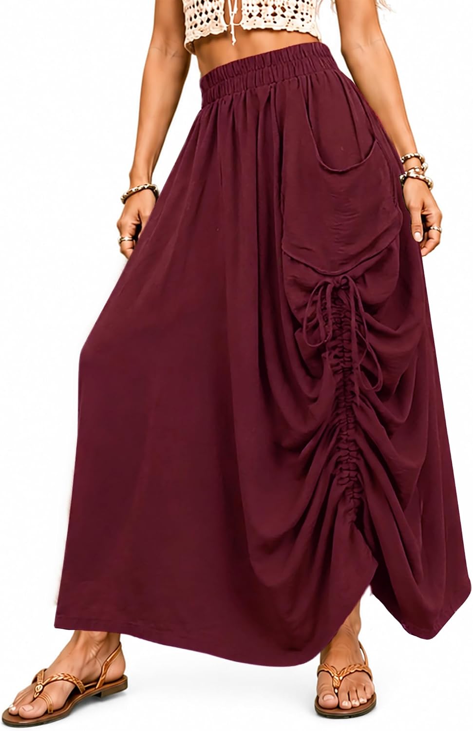 RANPHEE Womens Boho Maxi Skirt Flowy Long Skirts with Pockets Ruched Drawstring Elastic Waist