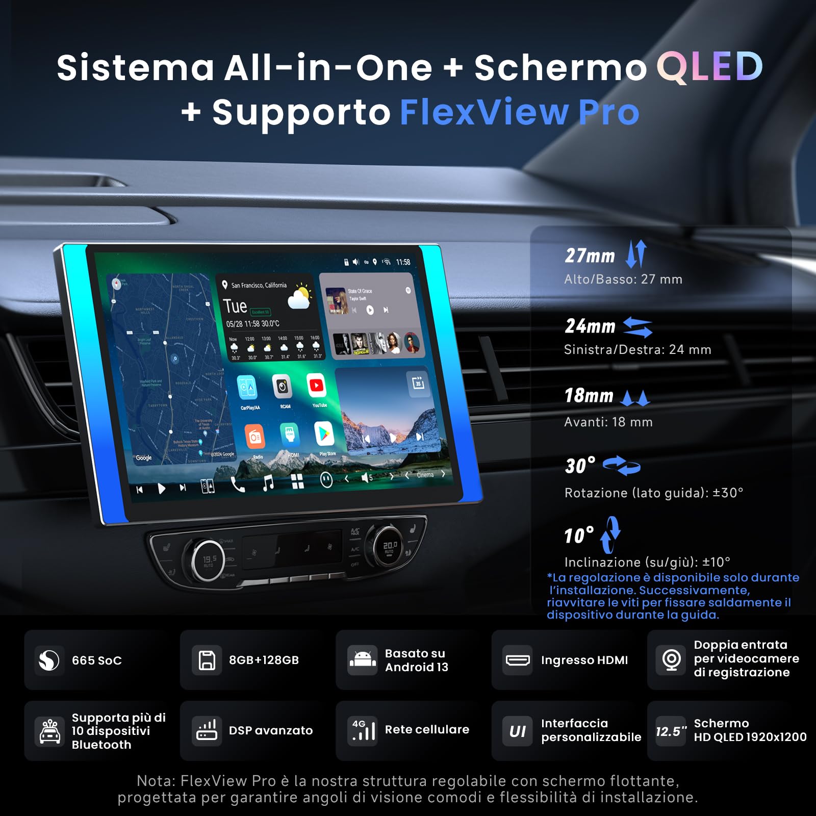 [12.5" QLED con LED laterali] ATOTOZONE X10 Autoradio Android, Display Flottante, Single/Double DIN, DVR Dual-Cam, AI Vision, LiveView da remoto, Audio 7.1.2, RCA 4V, HDMI IN, 8G+128G, 4G LTE