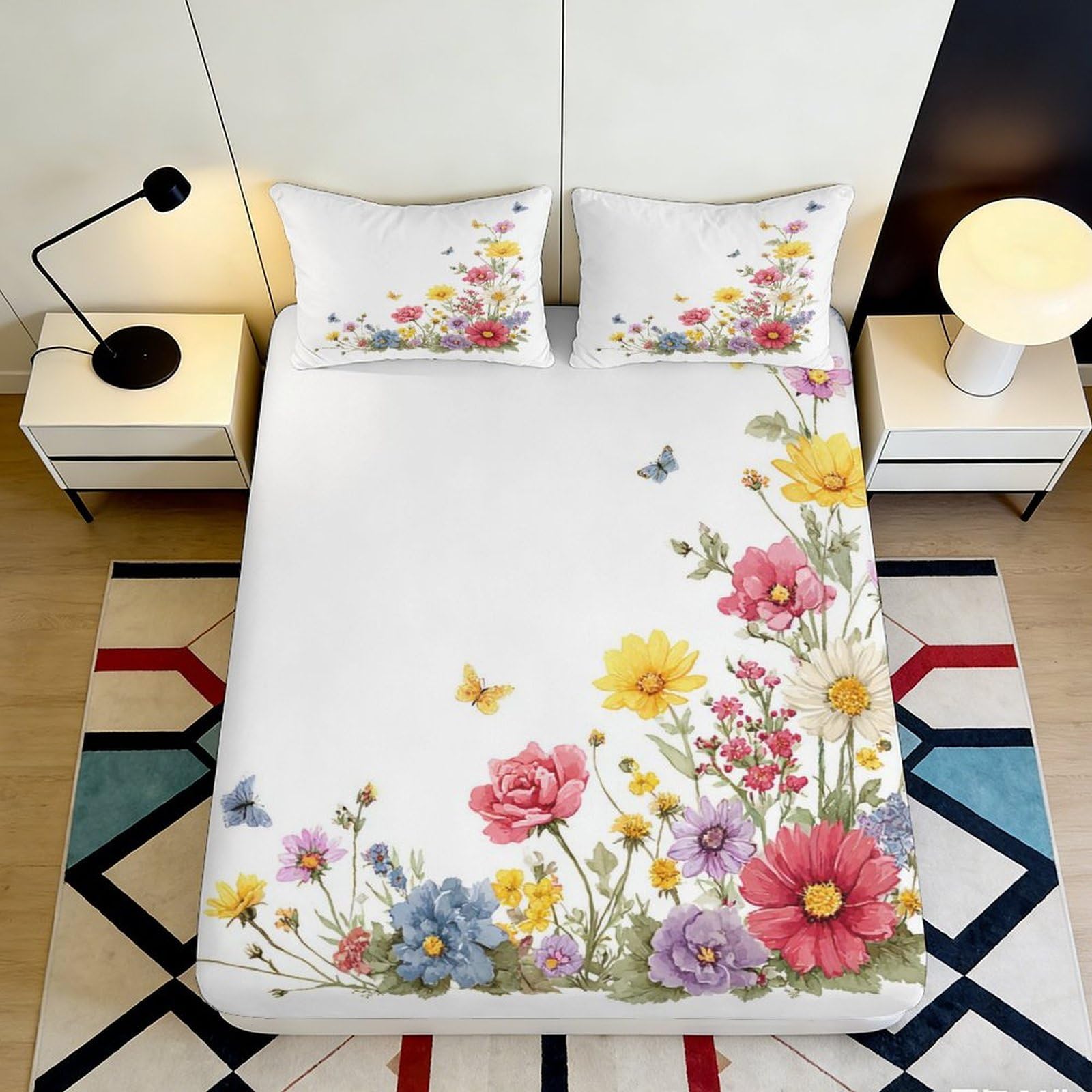 3D Printed Wildflower Garden Fitted Sheet Microfiber Soft Mattress Cover Floral Butterfly Bedroom Decor 120x200cm 180x200x25cm