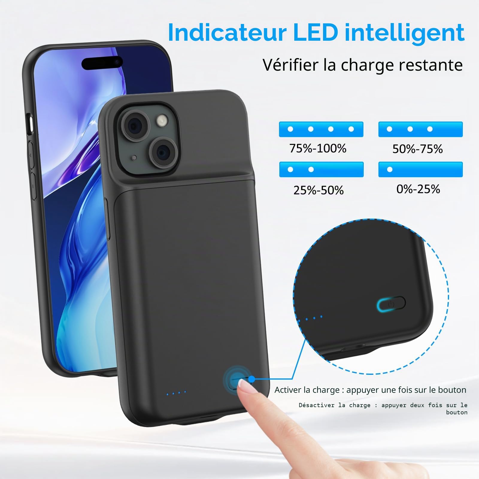 Coque de Batterie pour iPhone 15 (6,1 "), 8500 mAh, Chargeur Portable Ultra Fin pour iPhone 15, Chargeur de téléphone et Coque de Protection avec Fonction de Charge pour iPhone 15 - Noir