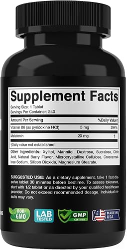 Miniatura 8 de Melatonina 20 mg 240 tabletas de disolución rápida Sin drogas Sabor natural a bayas Vegetariano, sin OMG, sin gluten, 240 unidades (paquete de 3)