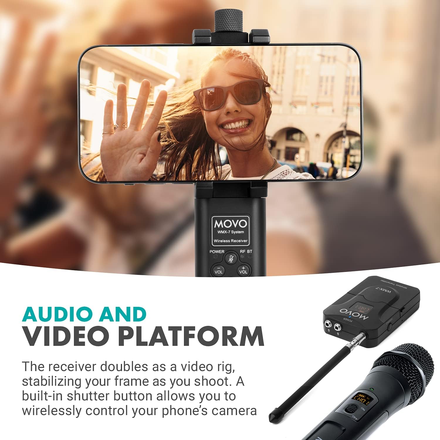 Movo WMX-7-SP receiver with a smartphone mounted, showing the receiver's function as a video rig and its camera shutter button.