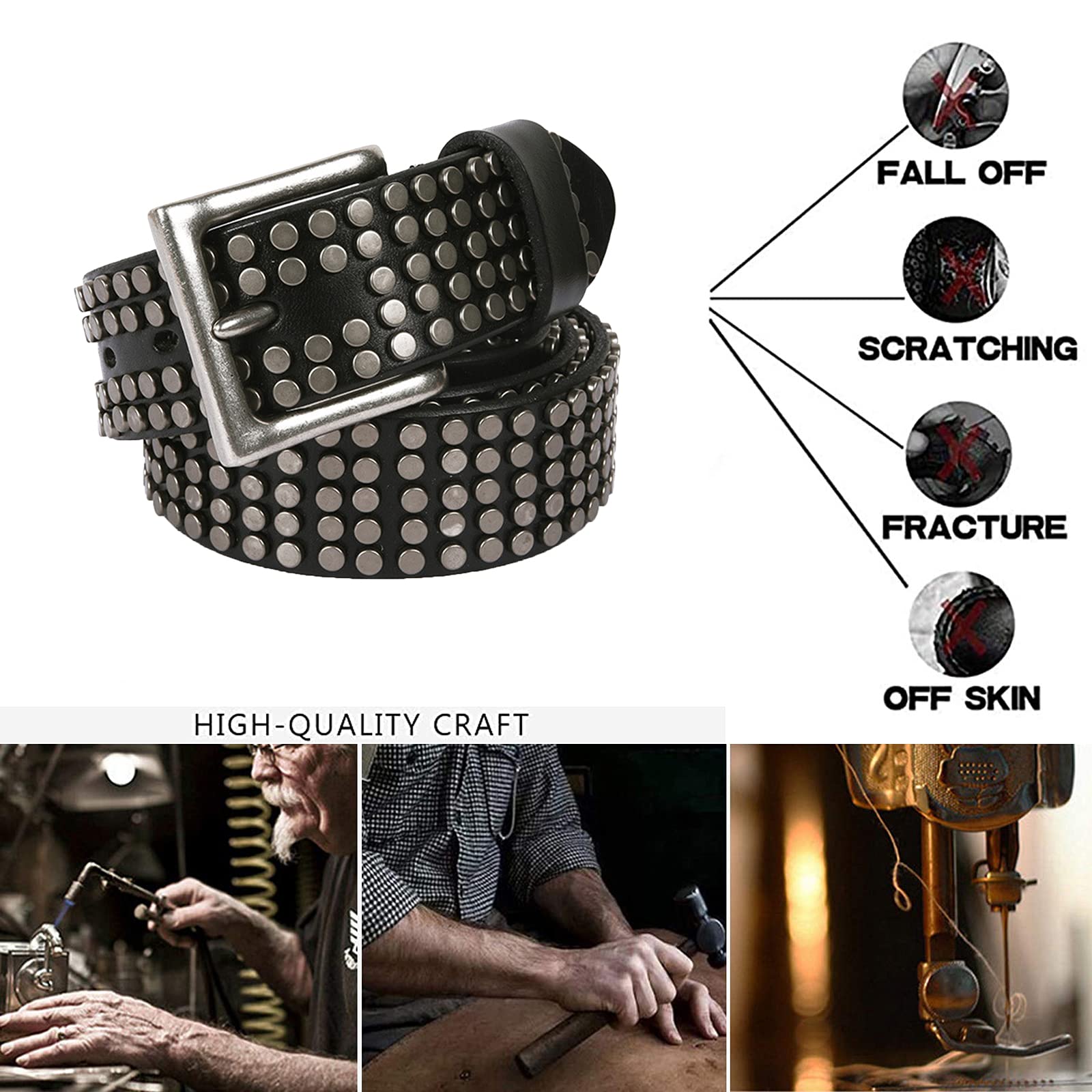 Nieten Echtes Leder Jeansgürtel Gürtel Mit Legierung Dornschließe Herren Damen 38cm Breit Nietengürtel Im Punk Rock Style, Gürtel Kürzbar,Schwarz,120cm/waist:40"~42"