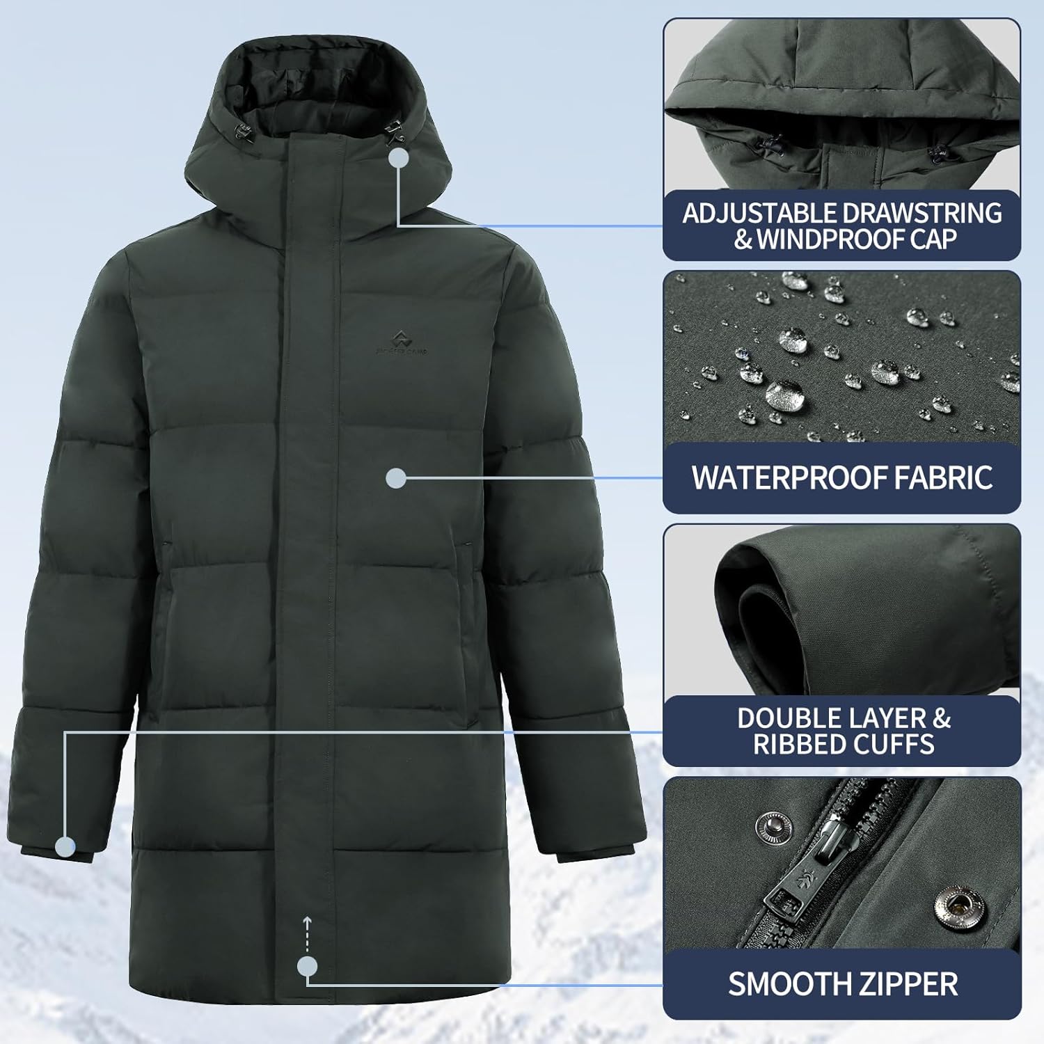 Pioneer Camp Mens Long Winter Coat Hooded Waterproof Insulated Puffer Jacket Thicken Puffy Warm Down Windbreaker Parka - Image 5