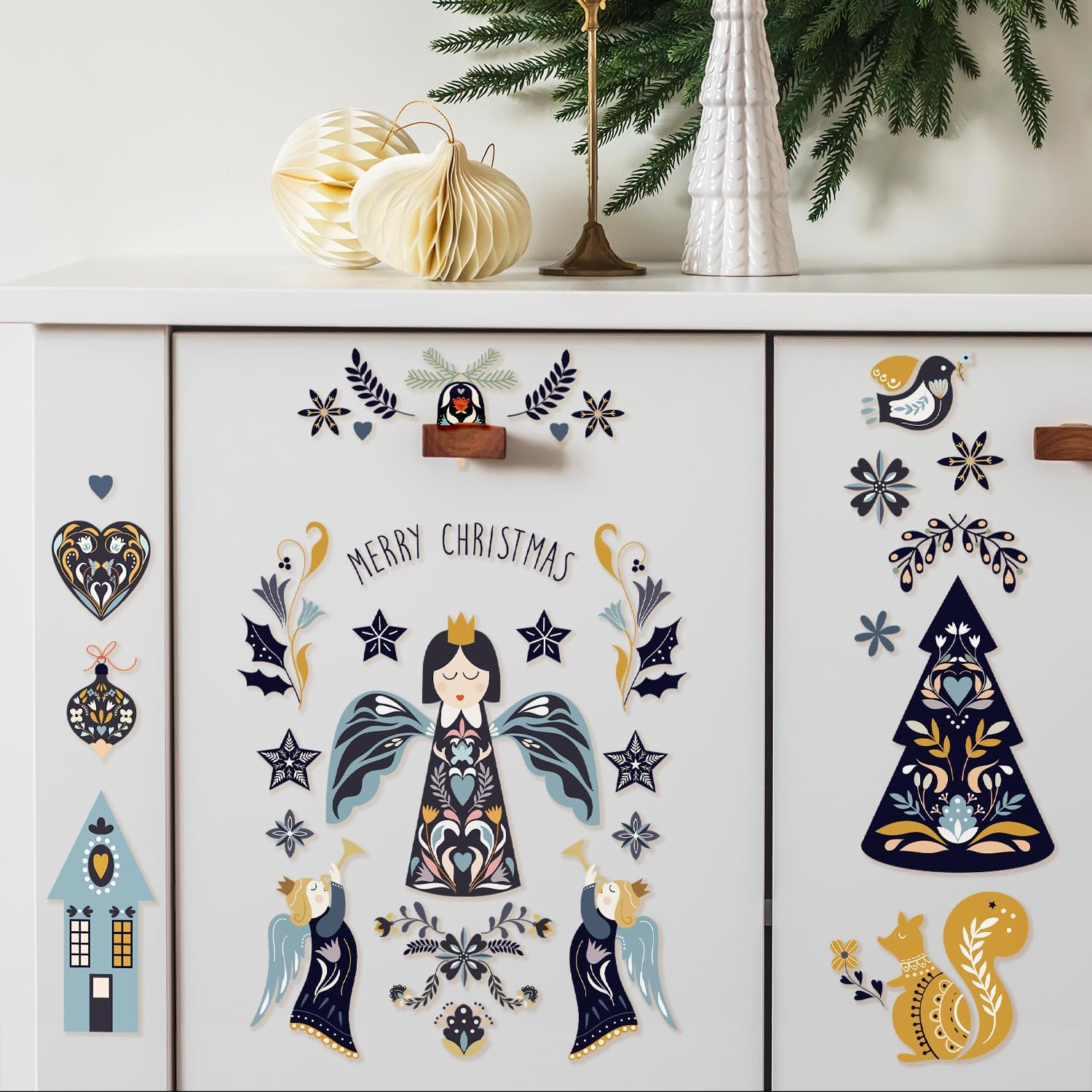 クリスマスこすって転写 クラフト家具用 ブルー ノルディック UV DTF 転写 DIYクリスマスデコレーション、スカンジナビア民芸