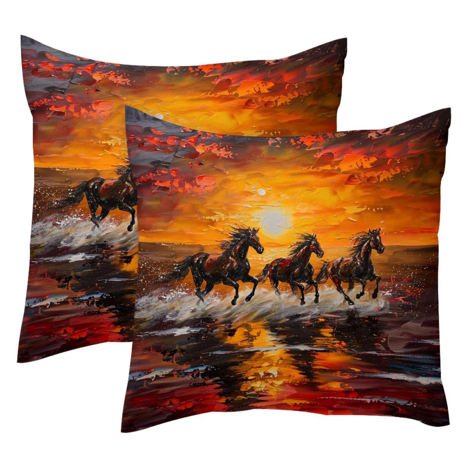 Housse de coussin velours 50x50 cm motif cheval au lever du soleil pour salon chic
