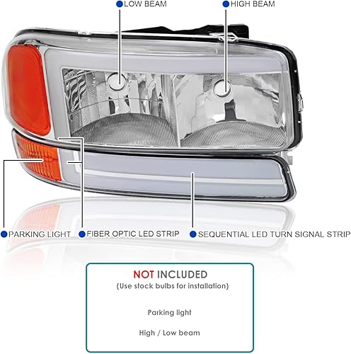 Vista 3 de SPEC-D TUNING Faros delanteros de tubo LED cromados + luces de parachoques secuenciales compatibles con GMC Sierra 1500/2500/3500 1999-2006 Armazón