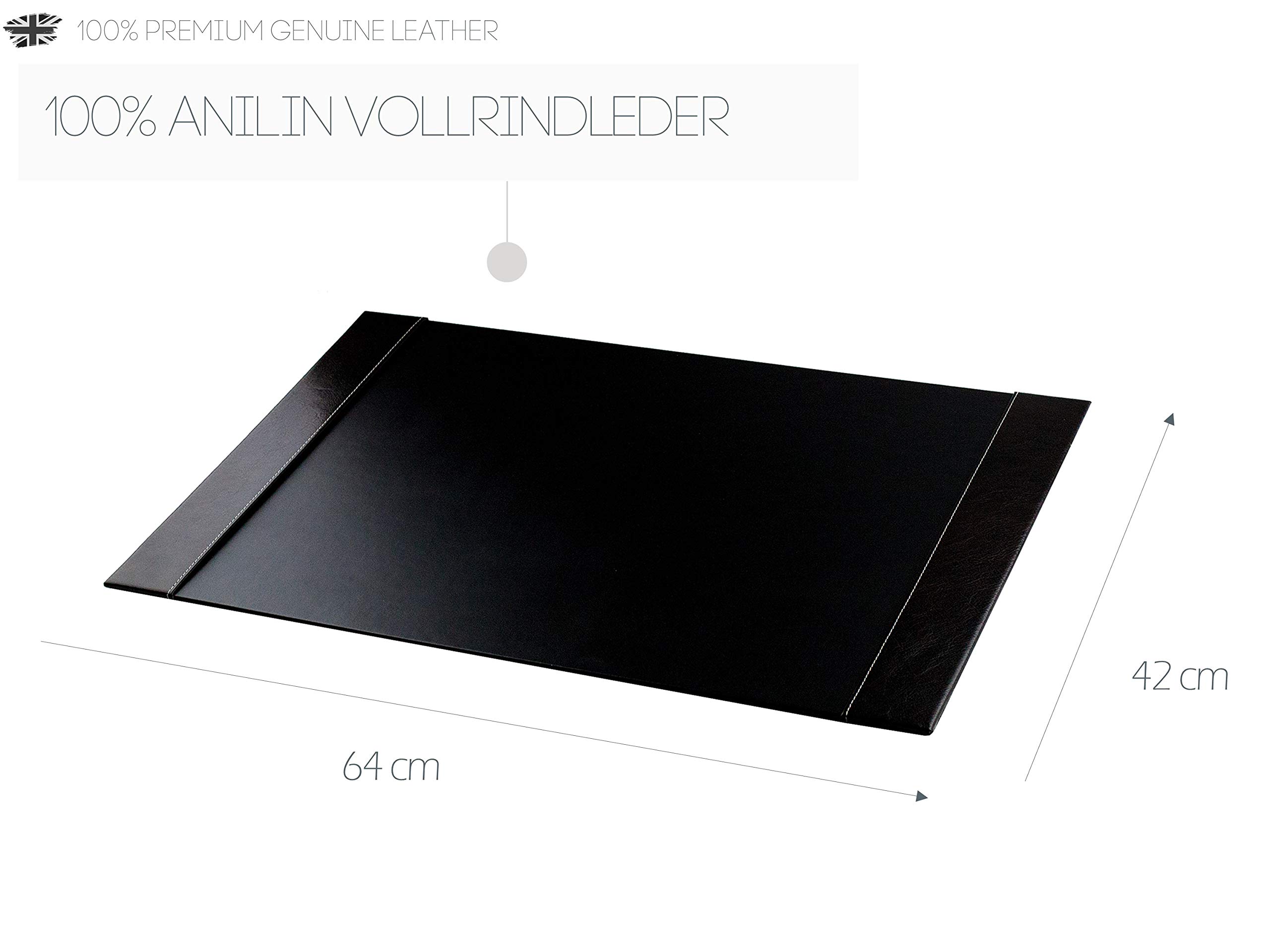 DELMON VARONE - Personalisierbare Schreibtischunterlage mit 2 Seitenfächer Vintage Leder Anilin schwarz, Rutschfeste Schreibunterlage abwaschbar, Schreibtisch Unterlage ideal als Mousepad, 64x42 cm