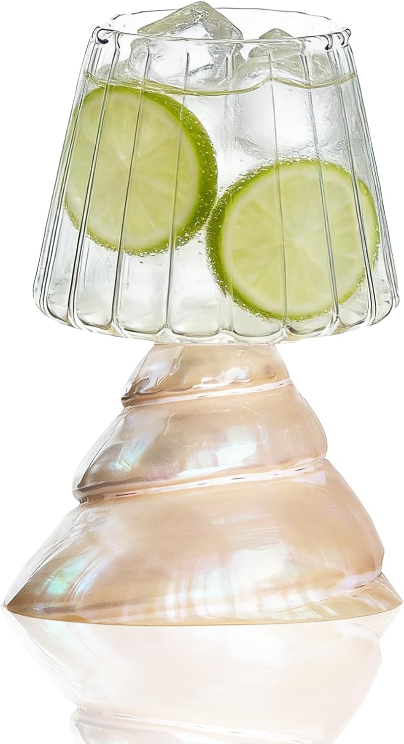 Conch Seashell Drinking Glass-4.13“ Unique Ribbed Cocktail & Wine Goblet with Pearlescent Natural Shell Base– 6oz Artisanal Glassware for Coastal Home Decor, Beach Weddings, Nautical Gifts