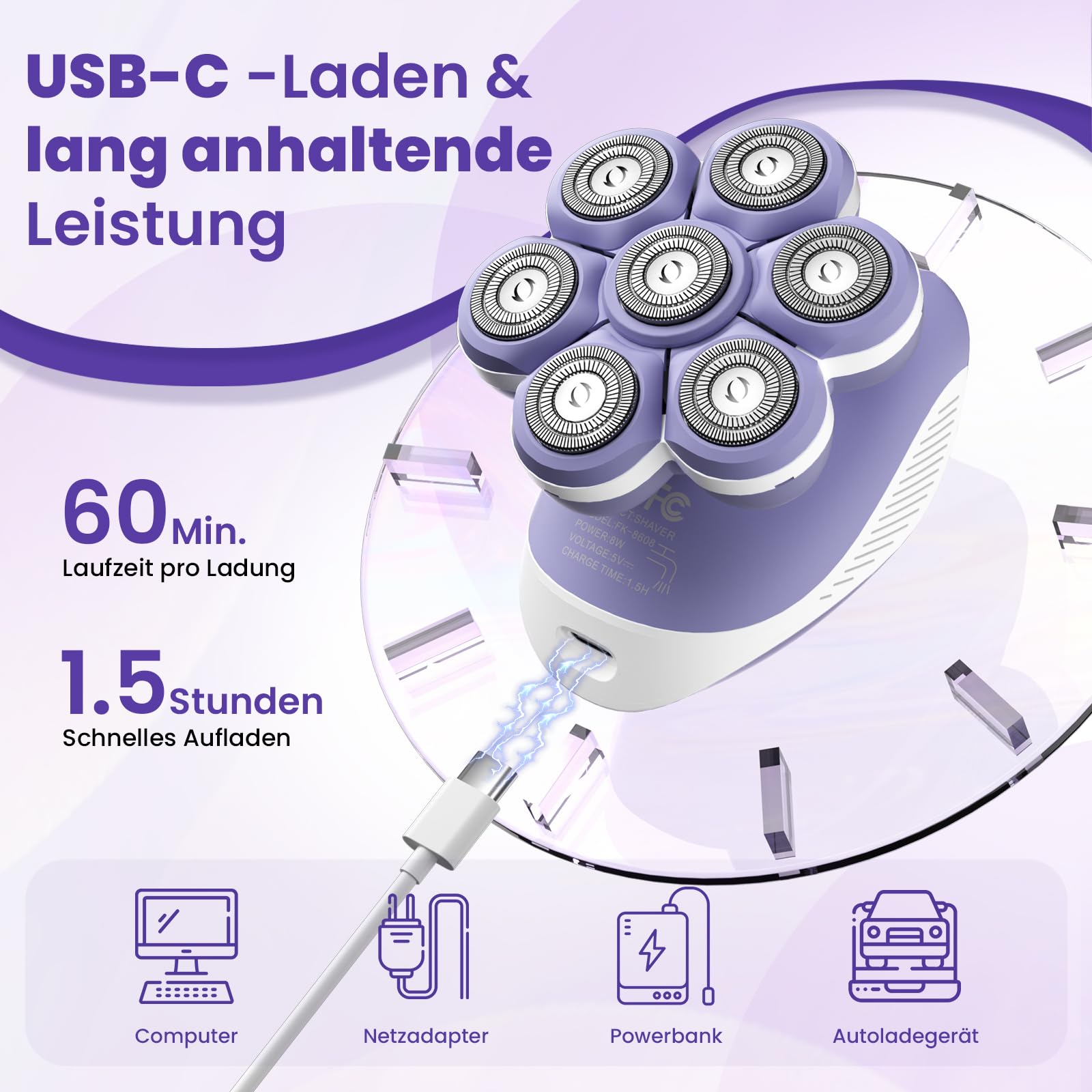 VIKICON 7D Damenrasierer Elektrisch mit Flex-Scherkopf für Beine und Körper | Wiederaufladbarer Körperrasierer für Damen zur Haarentfernung, Reisefreundlich, Nass- und Trockenrasur, LED-Licht, Lila