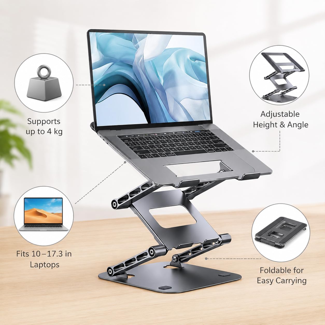 Supporto pieghevole in acciaio per computer portatile, design regolabile da | La struttura a tre livelli supporta fino a 4 kg con flusso d'aria aperto e design pieghevole portatile per lavoro studio