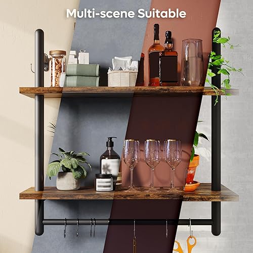 Miniatura 3 de Bestier Estantes flotantes de cocina de 24 pulgadas para montar en la pared, estantes de barra de café de 2 niveles con 8 ganchos, estante de pared