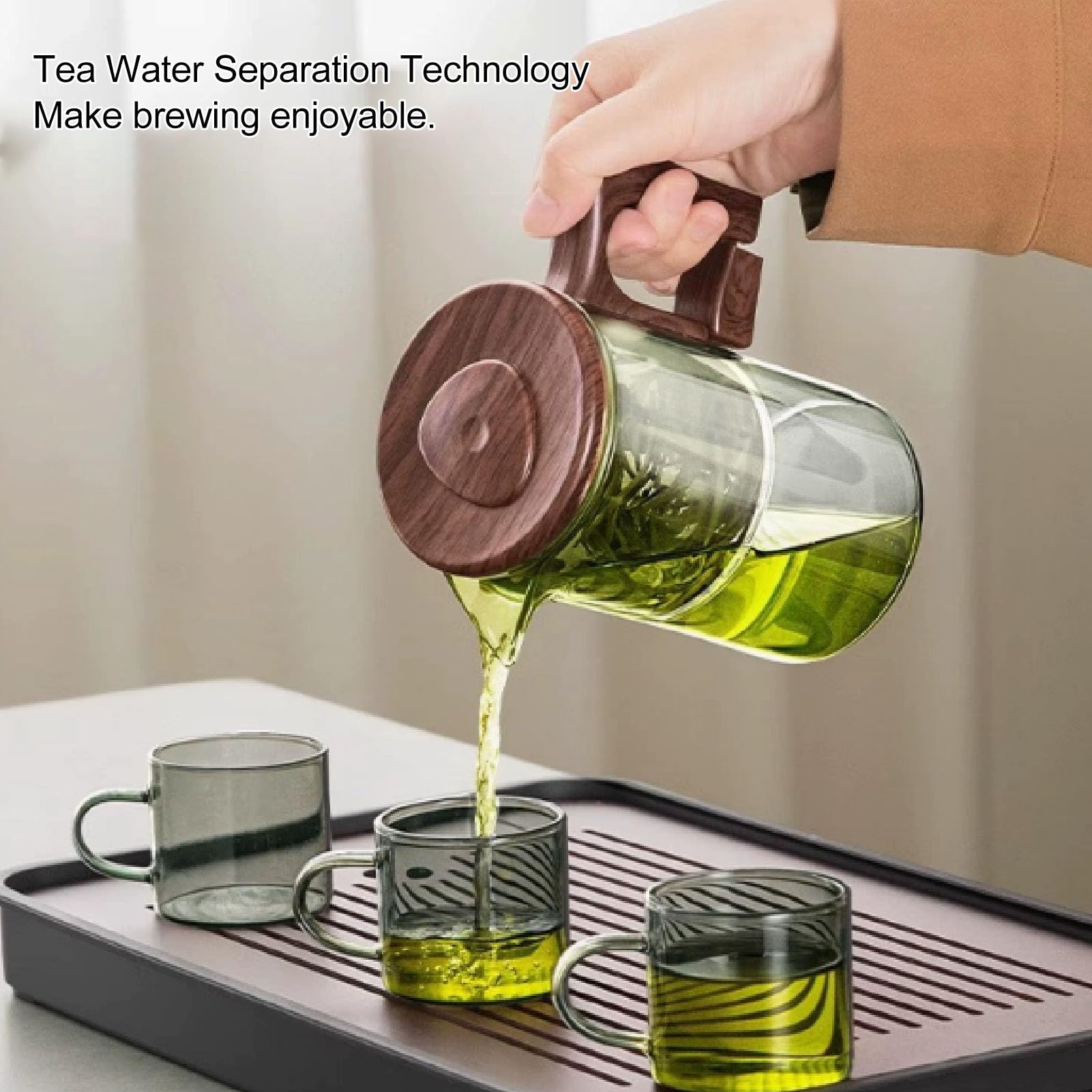 Teekanne aus Glas für losen Tee mit Sieb (Transparent 750ml) | Teebehälter, Holzgriff, Tee-Wasser-Trennung, Loseblatt-Teebereiter, hitzebeständig, für das Heimbüro