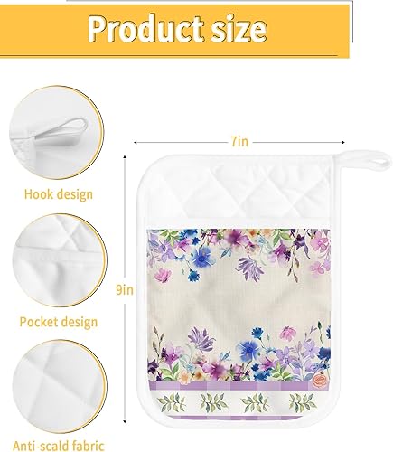 Miniatura 3 de Watercolor Flower 5Pcs Pot Holders for Kitchen,Non Slip & Heat Insulation Terry Cloth Potholder Set with Pocket,Thick Hot Pad Oven Mitts Trivet