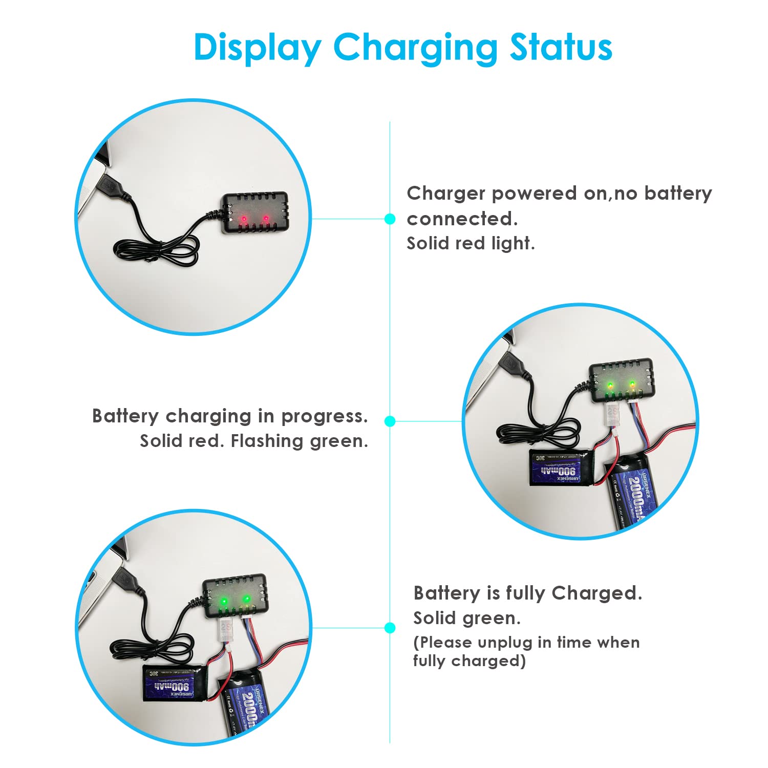 7.4V 1000mAh Lipo Battery 2S 35C Lipo RC Batteries with JST Plug Rechargeable Lithium Battery with 2 in 1 USB Charger for WLtoys A949 A959 A969 A979 K929 and Most 1/10 1/16 1/18 1/24 RC Cars