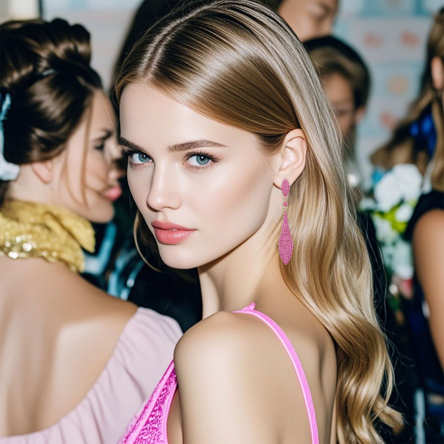 Rhinestone Statement Earrings Double Waterdrop Earrings Cluster Crystal Drop Dangle Earrings Prom Party Wedding Earrings for Women - Image 2