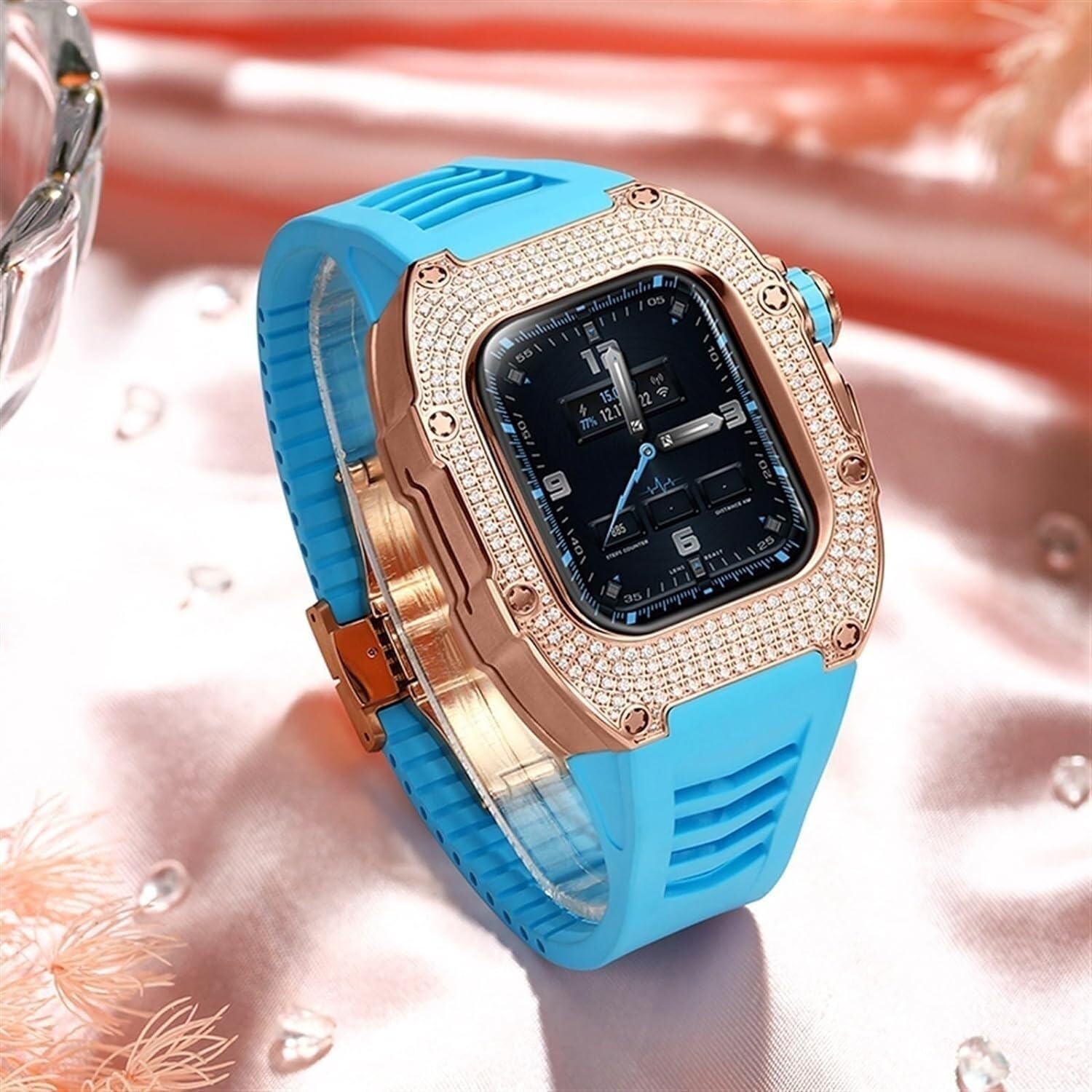 Caja de reloj de diamante + kit de modificación de correa de reloj de goma, para iWatch 8 7 6 5 4 SE, correa de reloj de negocios de moda para mujeres y niñas, para iWatch de 40 mm y 41 mm